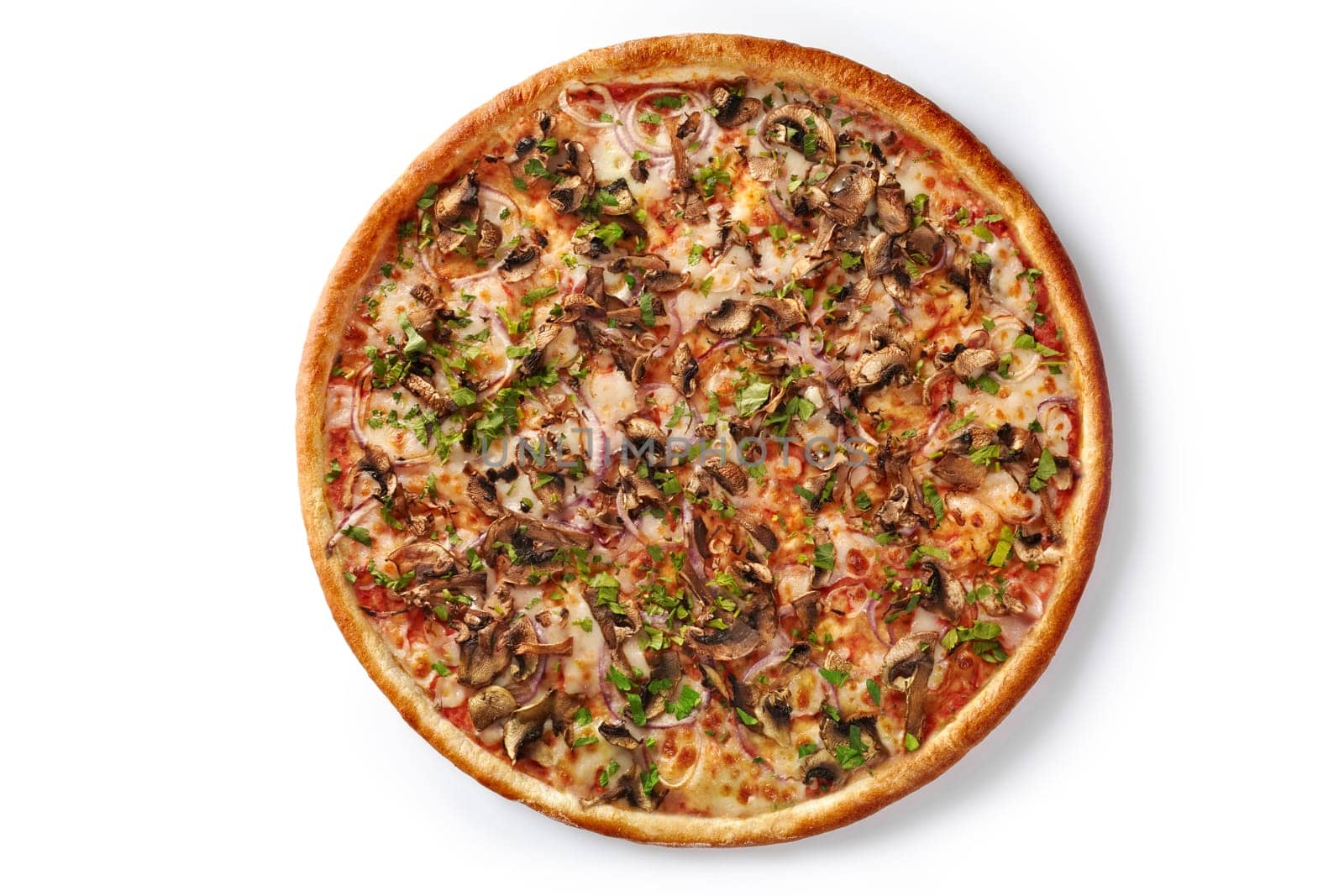 Savory golden pizza with crispy edges, pelati sauce and melted cheese topped with aromatic mushrooms and sweet onions, garnished with chopped fresh herbs, top view isolated on white