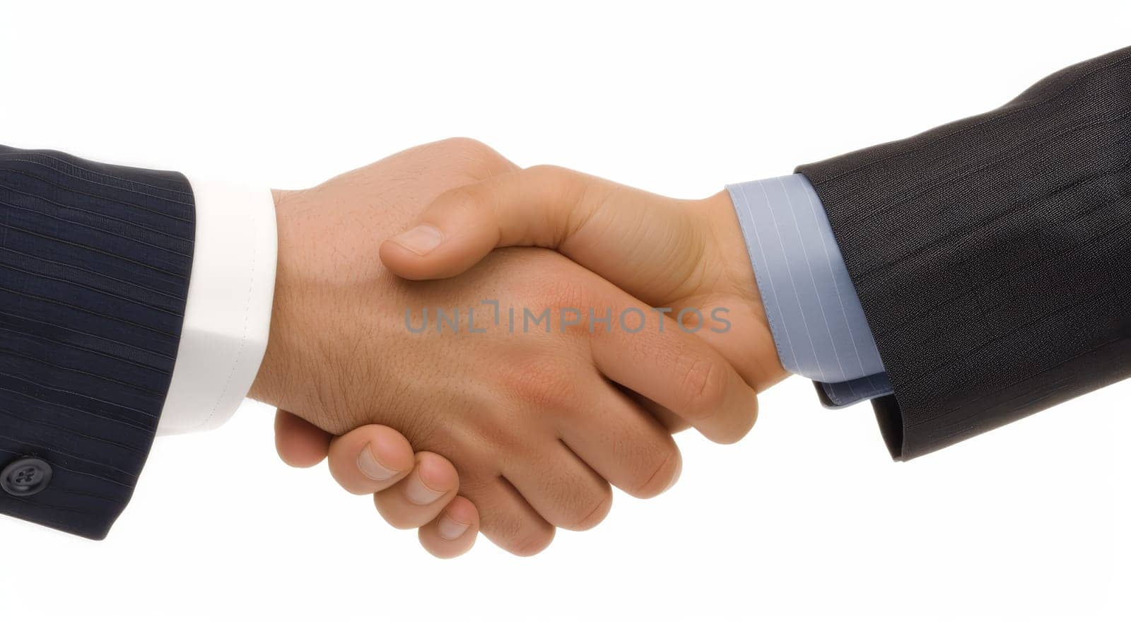 Detailed view of a formal business handshake between two individuals in professional attire against a white background.