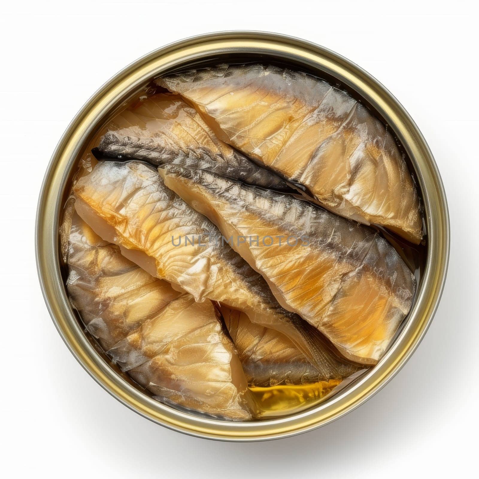 Overhead view of canned fish fillets immersed in oil, captured against a white backdrop.