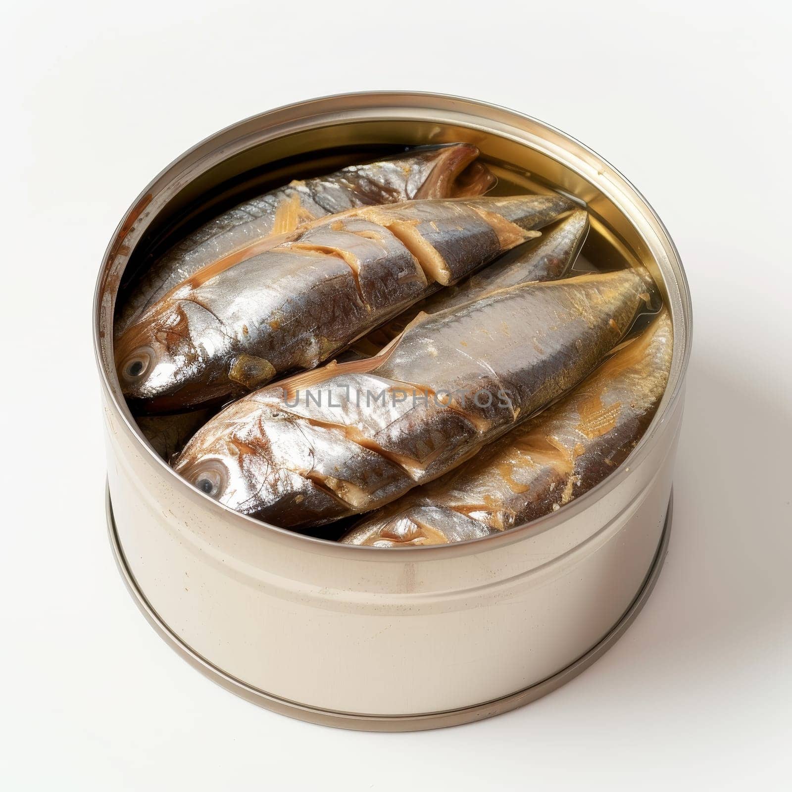 Open can revealing whole mackerel fish in oil, isolated on a white background.