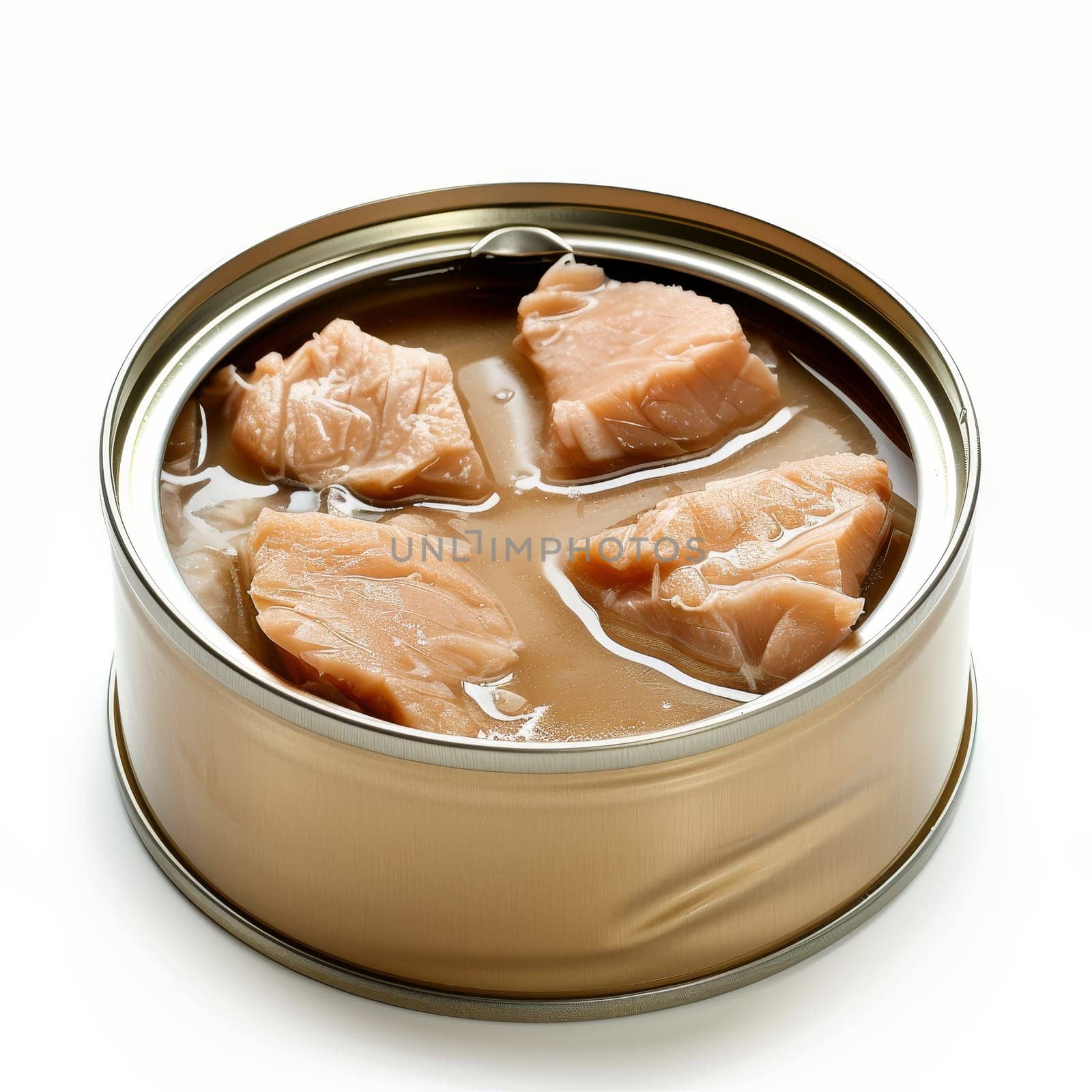 Open can displaying neatly packed slices of tuna submerged in oil, shot on a white background.