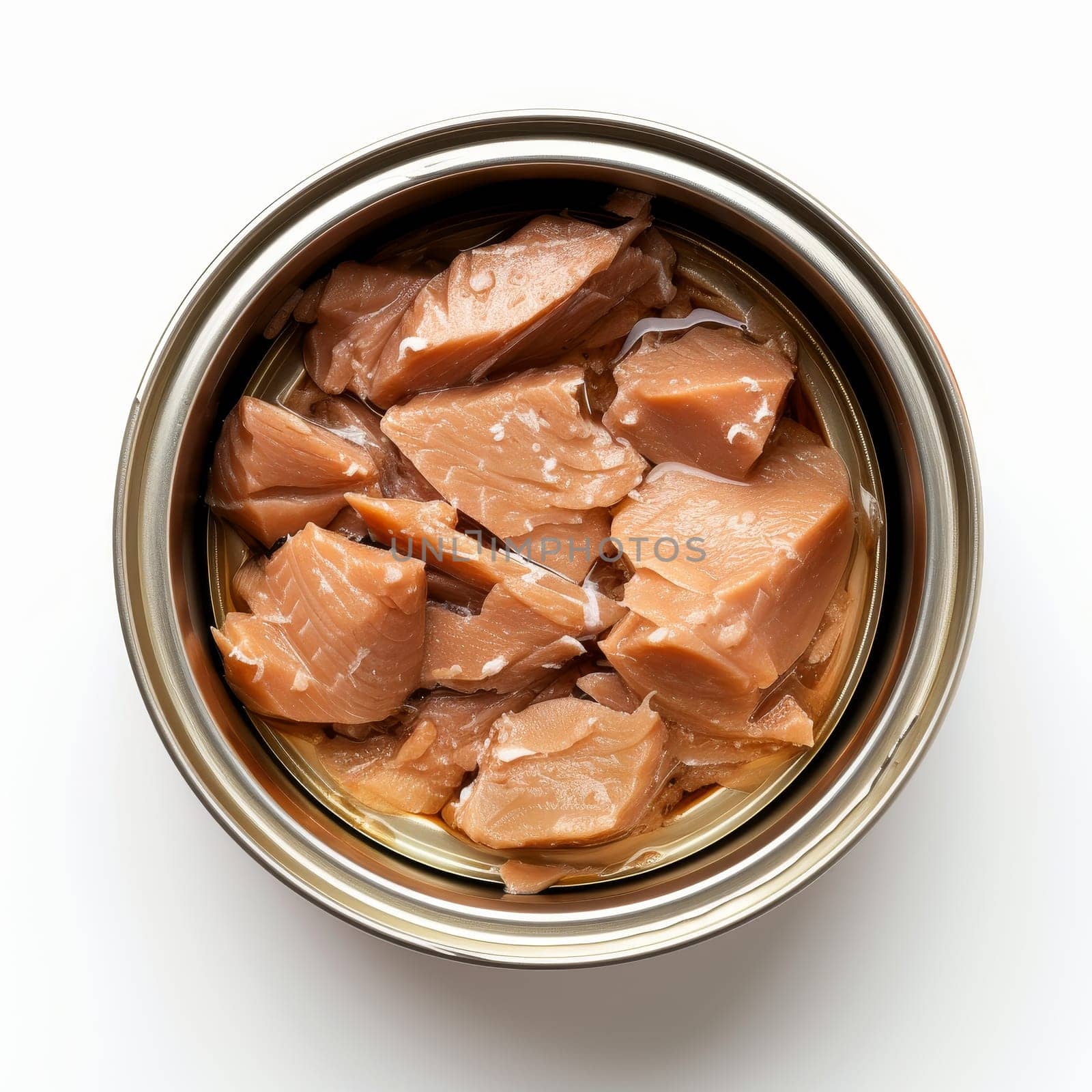 Overhead view of an open can showing chunks of tuna fish preserved in oil, set against a clean white background.. by sfinks