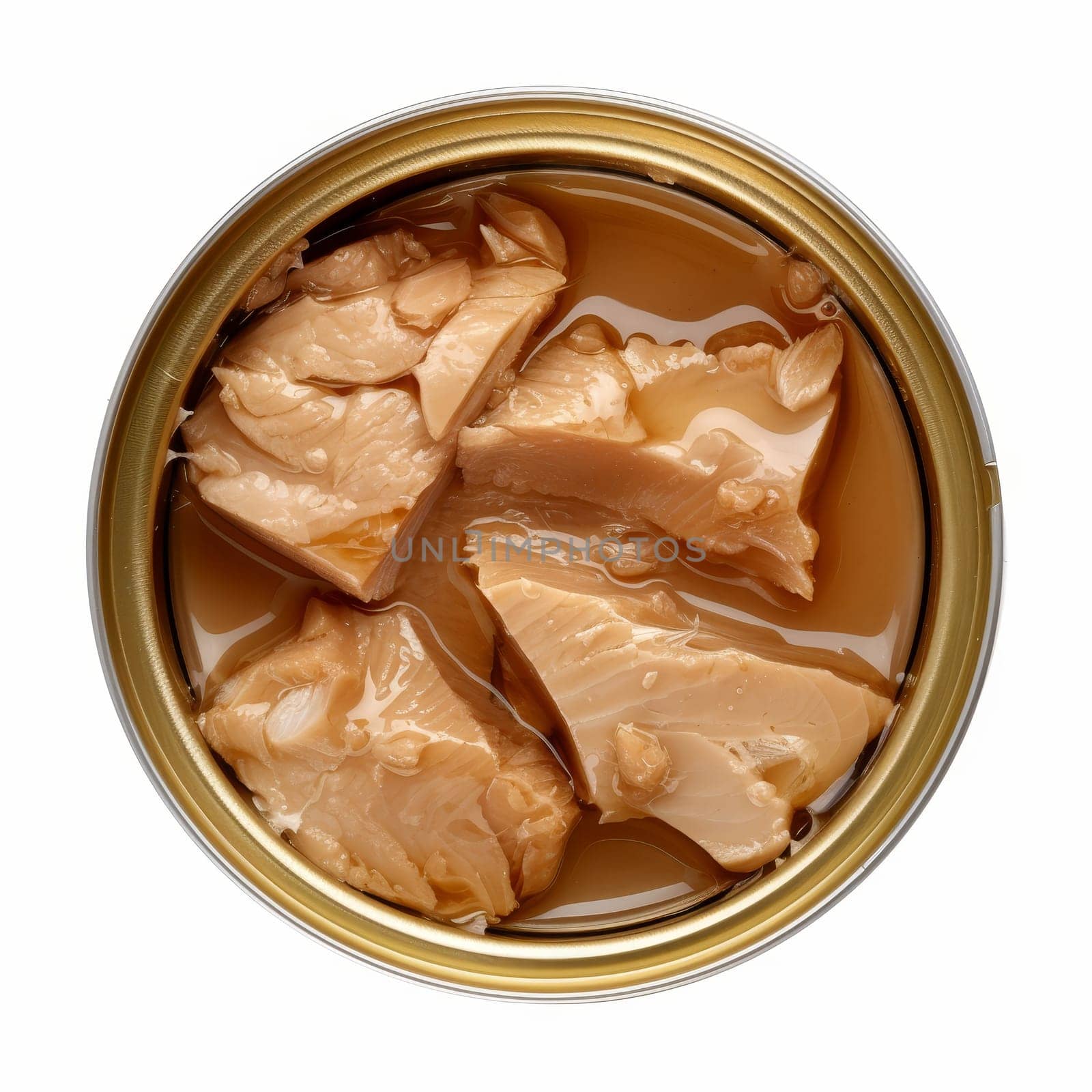 Overhead view of an open can showing chunks of tuna fish preserved in oil, set against a clean white background.