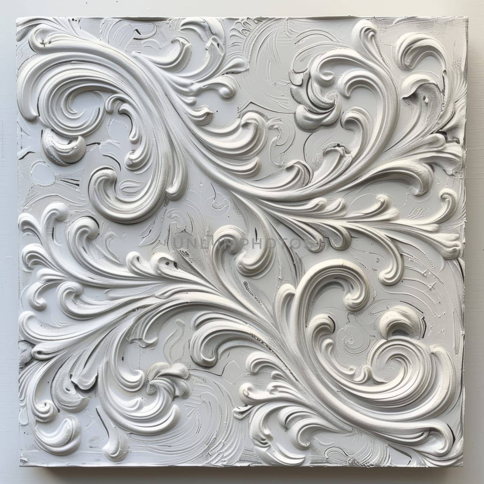 Elegant white ornamental wall relief with intricate patterns and swirls creating a luxurious decorative texture.. by sfinks