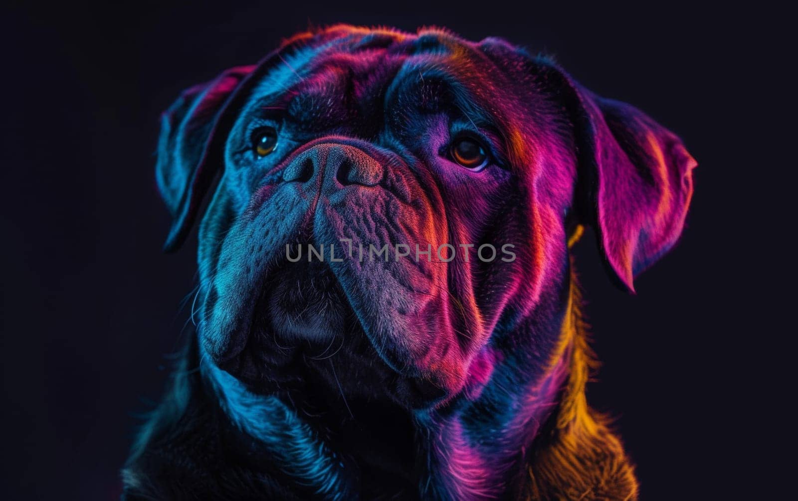 Dramatic portrait of a Boxer dog with a vibrant, colorful light display that accentuates its features against a dark background.