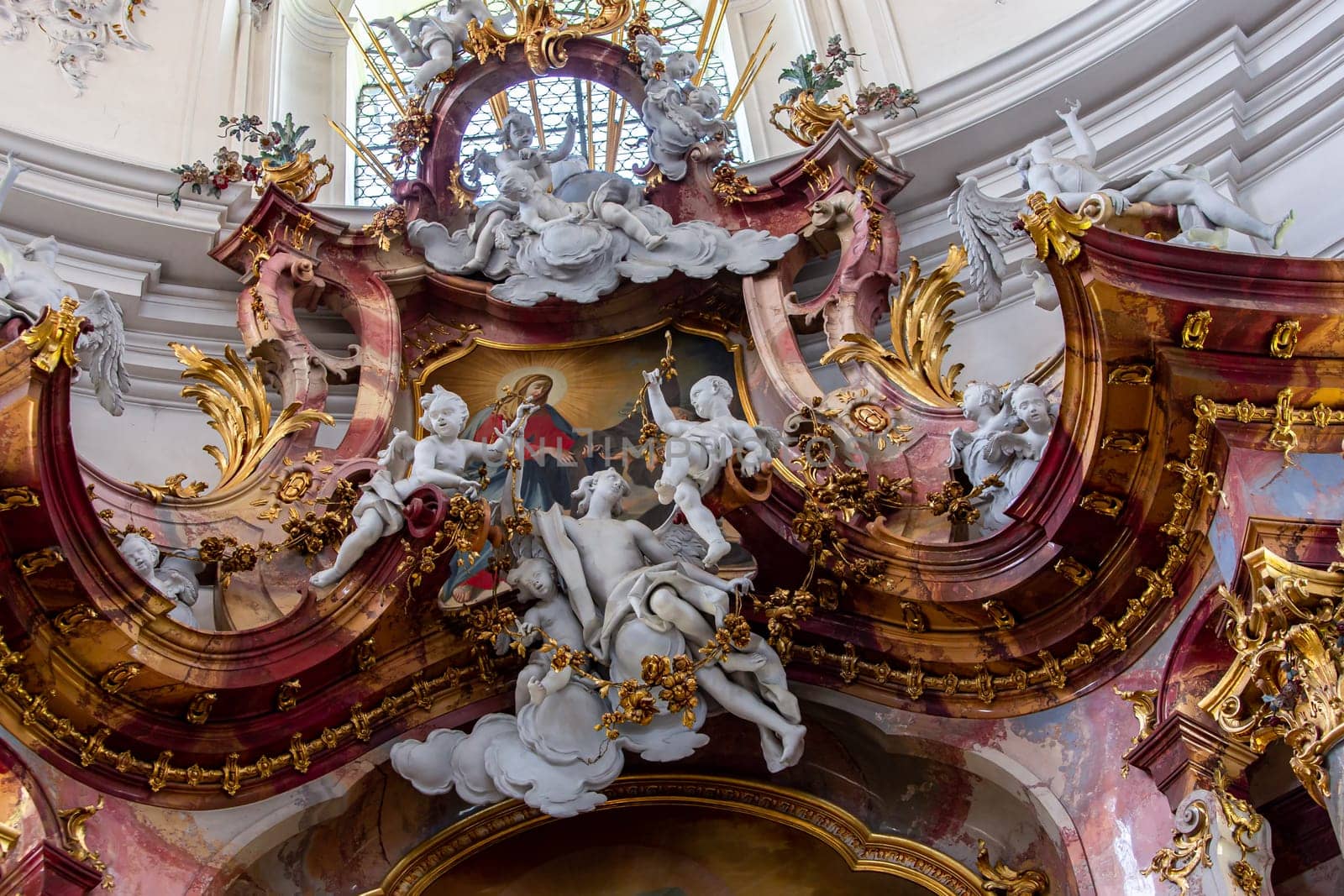 OTTOBEUREN, BAVARIA, GERMANY, JUNE 04, 2022 : interiors, frescoes and architectural decors of  Ottobeuren abbey basilica