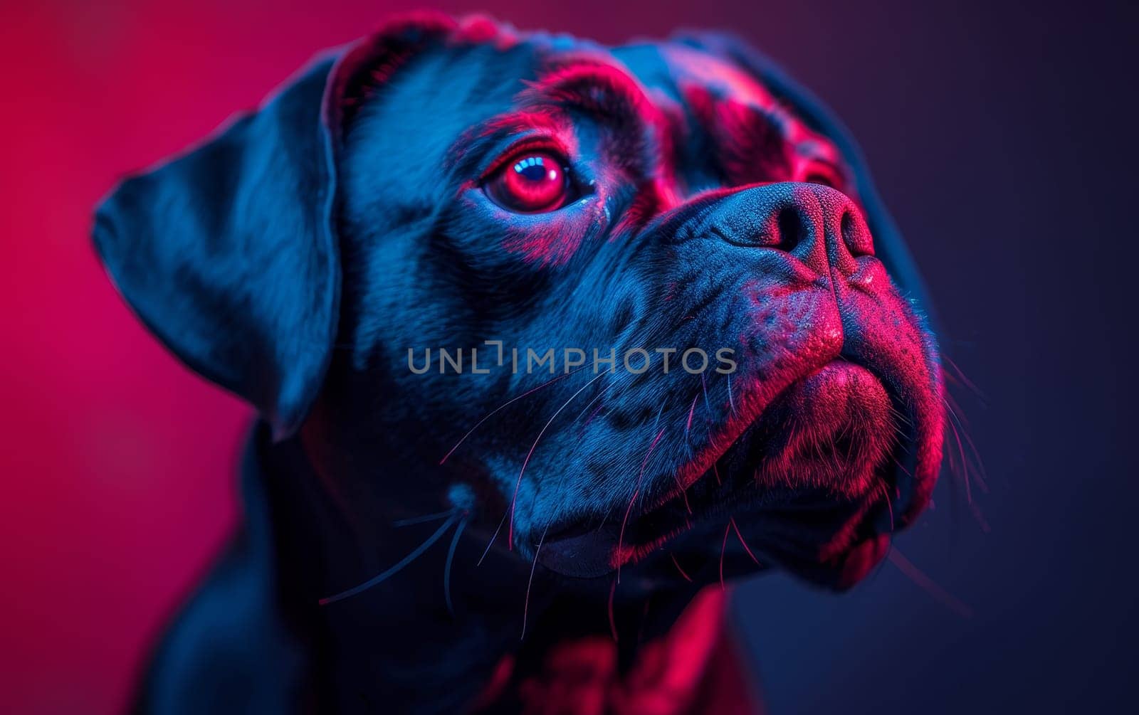 Dramatic portrait of a Boxer dog with a vibrant, colorful light display that accentuates its features against a dark background.