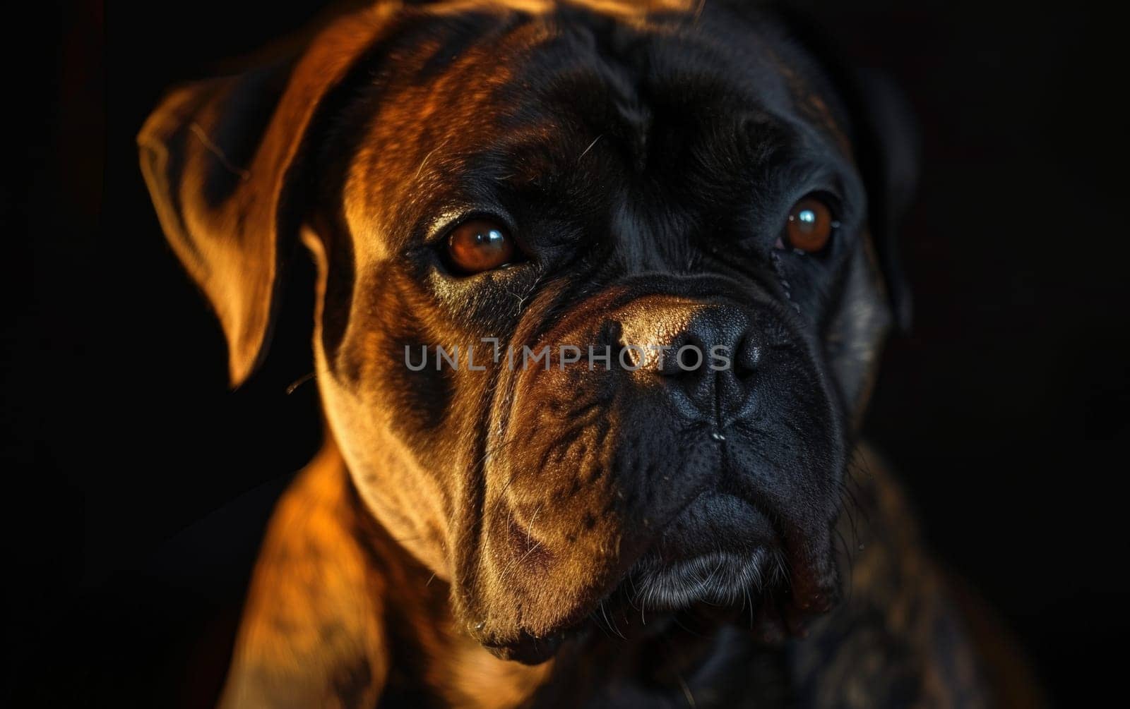 Close-up of a Boxer dog with a thoughtful expression, highlighted by golden sunlight that enhances its features.