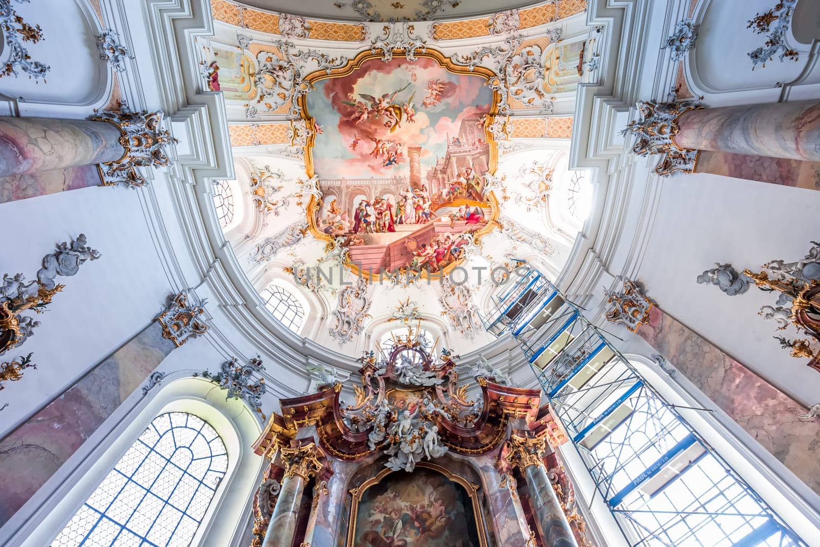 OTTOBEUREN, BAVARIA, GERMANY, JUNE 04, 2022 : interiors, frescoes and architectural decors of  Ottobeuren abbey basilica