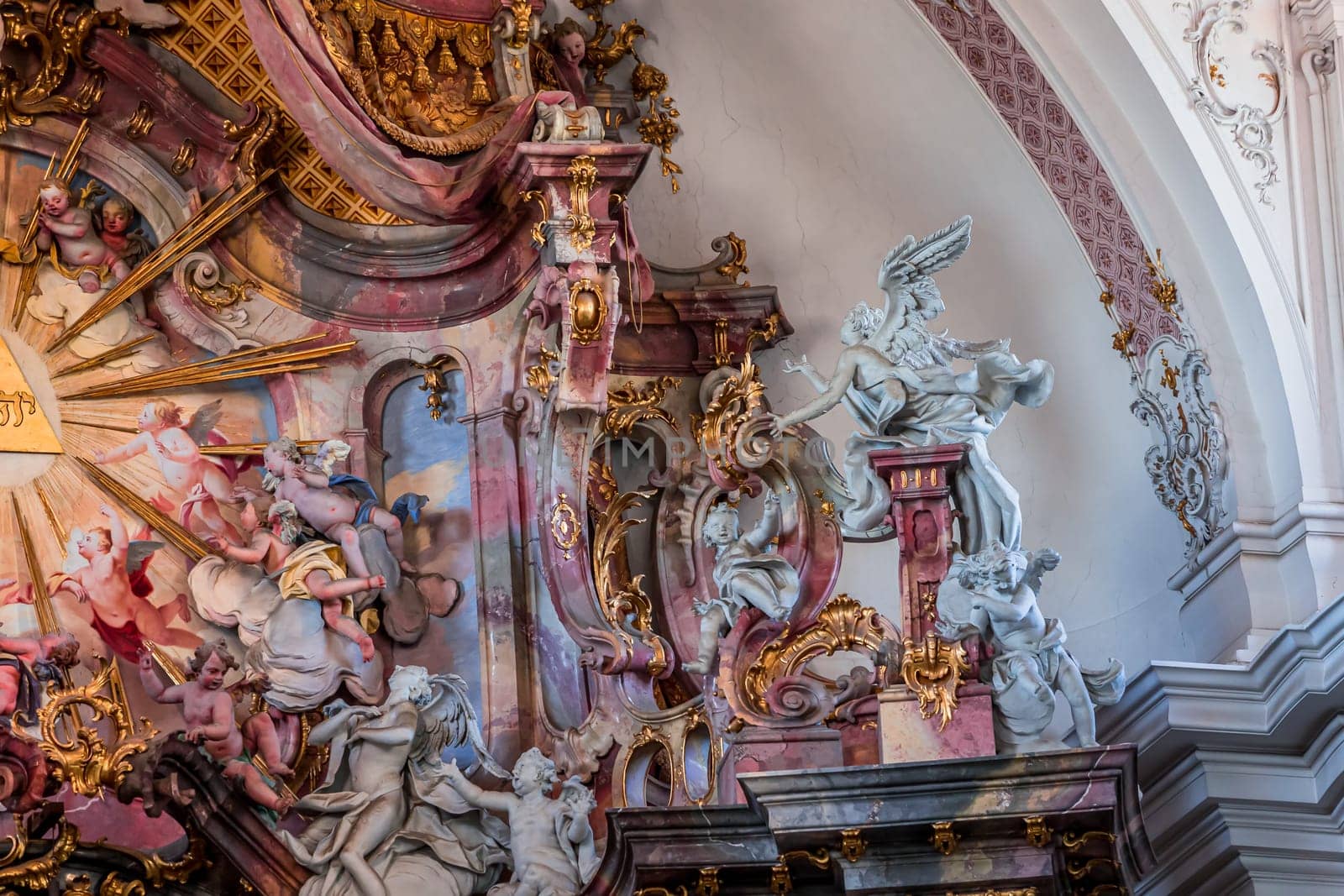 OTTOBEUREN, BAVARIA, GERMANY, JUNE 04, 2022 : interiors, frescoes and architectural decors of  Ottobeuren abbey basilica