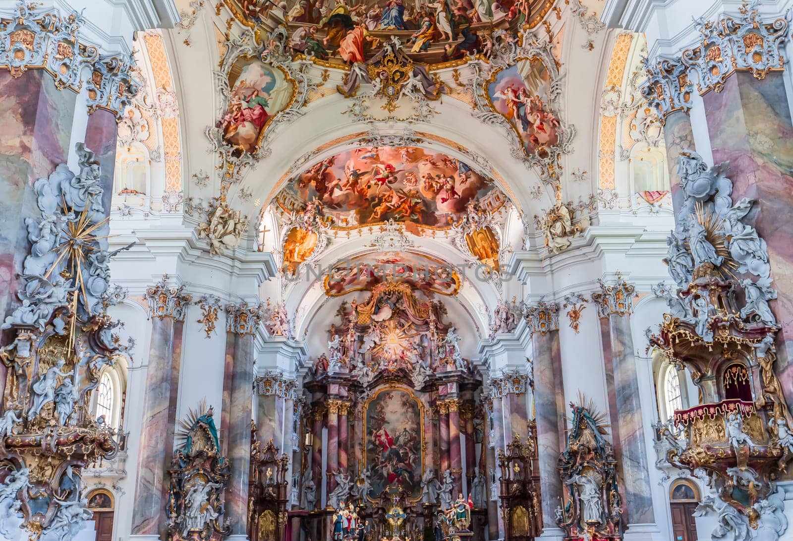 OTTOBEUREN, BAVARIA, GERMANY, JUNE 04, 2022 : interiors, frescoes and architectural decors of  Ottobeuren abbey basilica