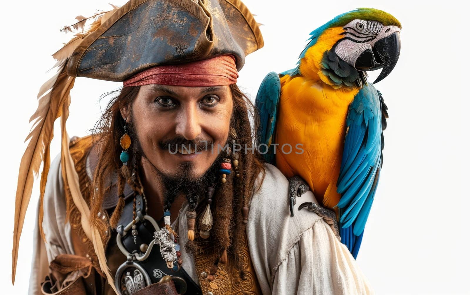 Detailed shot of a pirate character in full costume, complete with a blue and yellow macaw on his shoulder