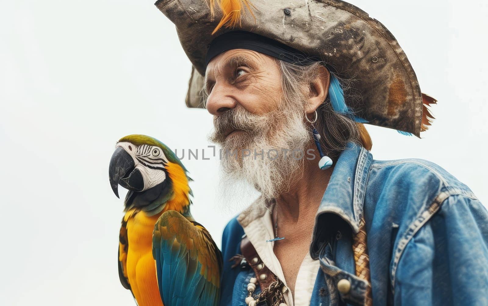 Portrait of a man dressed as a pirate with a colorful macaw perched on his shoulder, both gazing into the distance