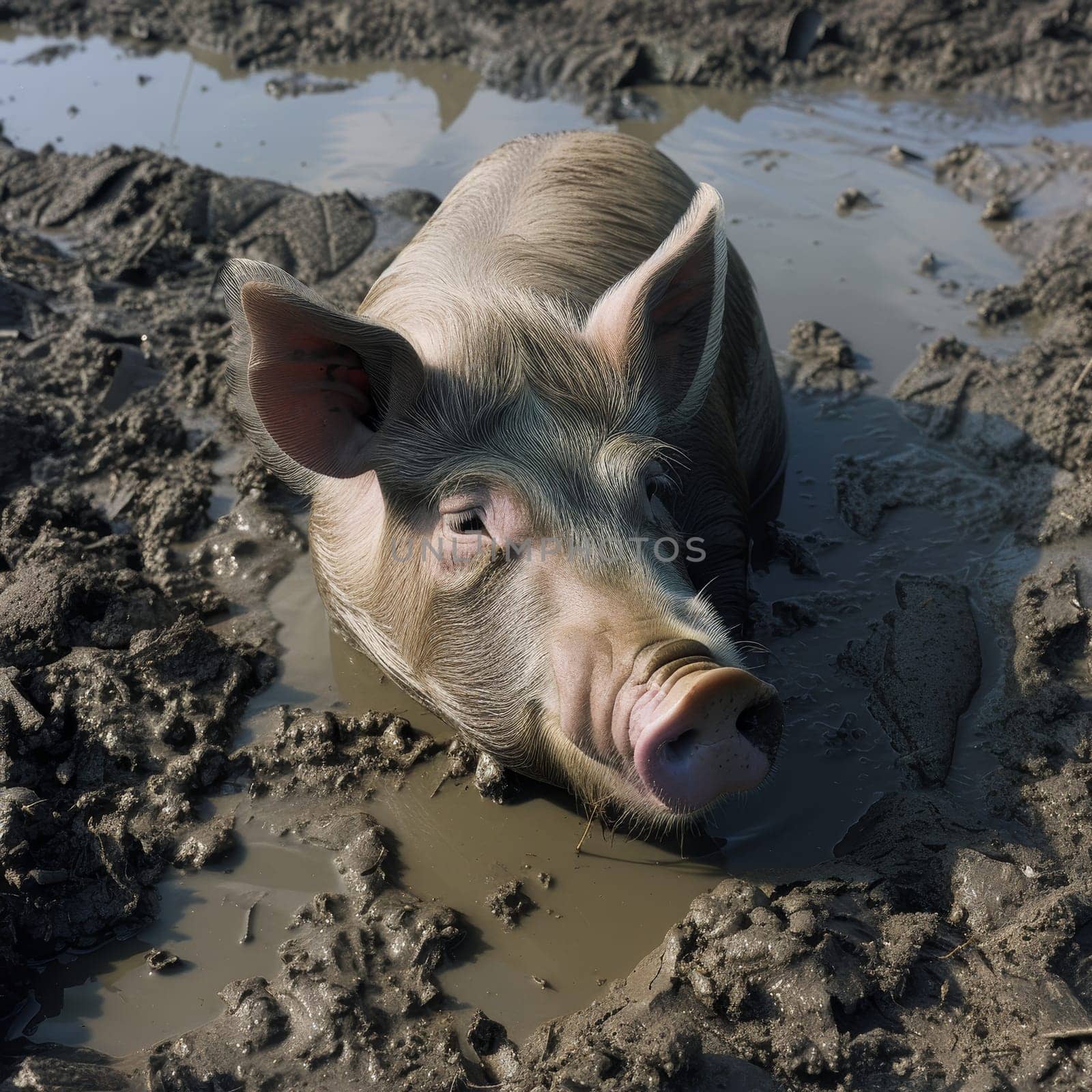 Close-up of a pig lounging in a mud puddle, glistening under the sunlight with a look of contentment on its face