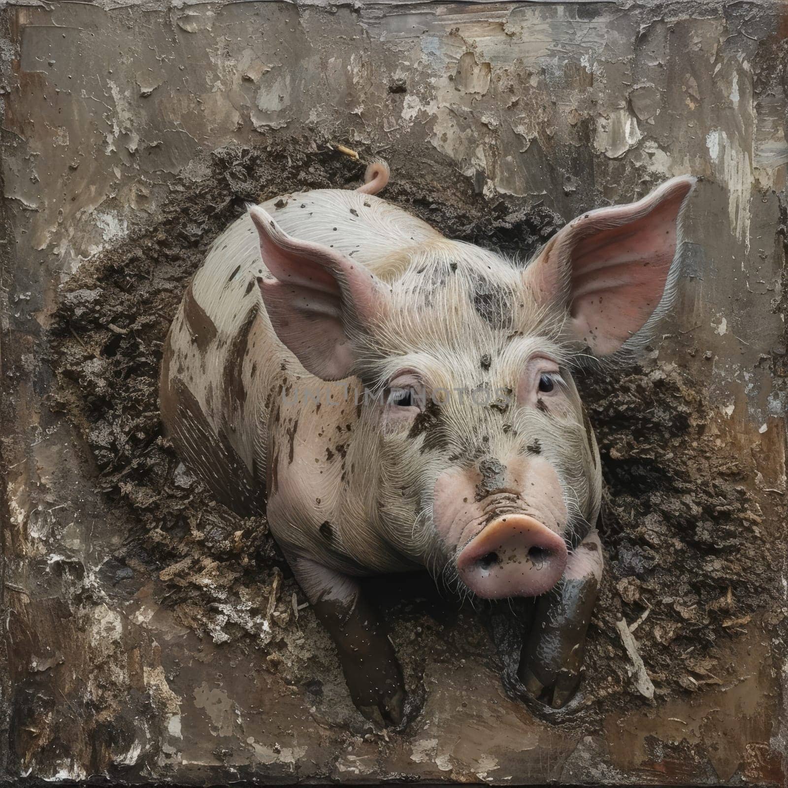 Detailed painting of a pig lying contentedly in mud, with a focus on its satisfied expression and the textured mud surrounding it.