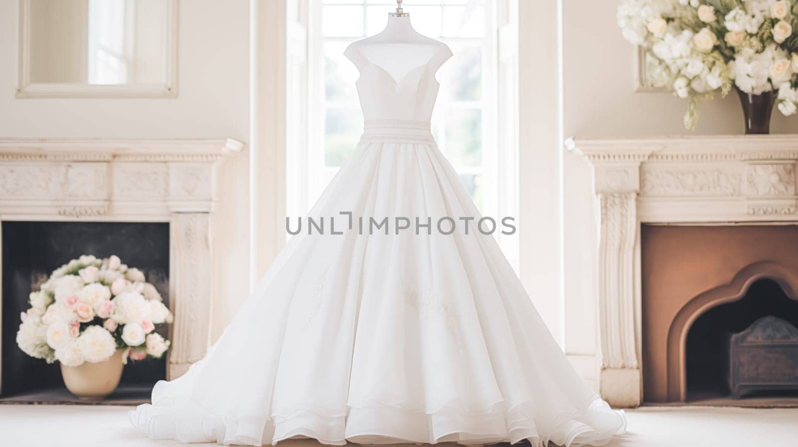 Wedding drees, bridal gown style and bespoke fashion, full-legth white tailored ball gown in showroom, tailor fitting, beauty and wedding inspiration
