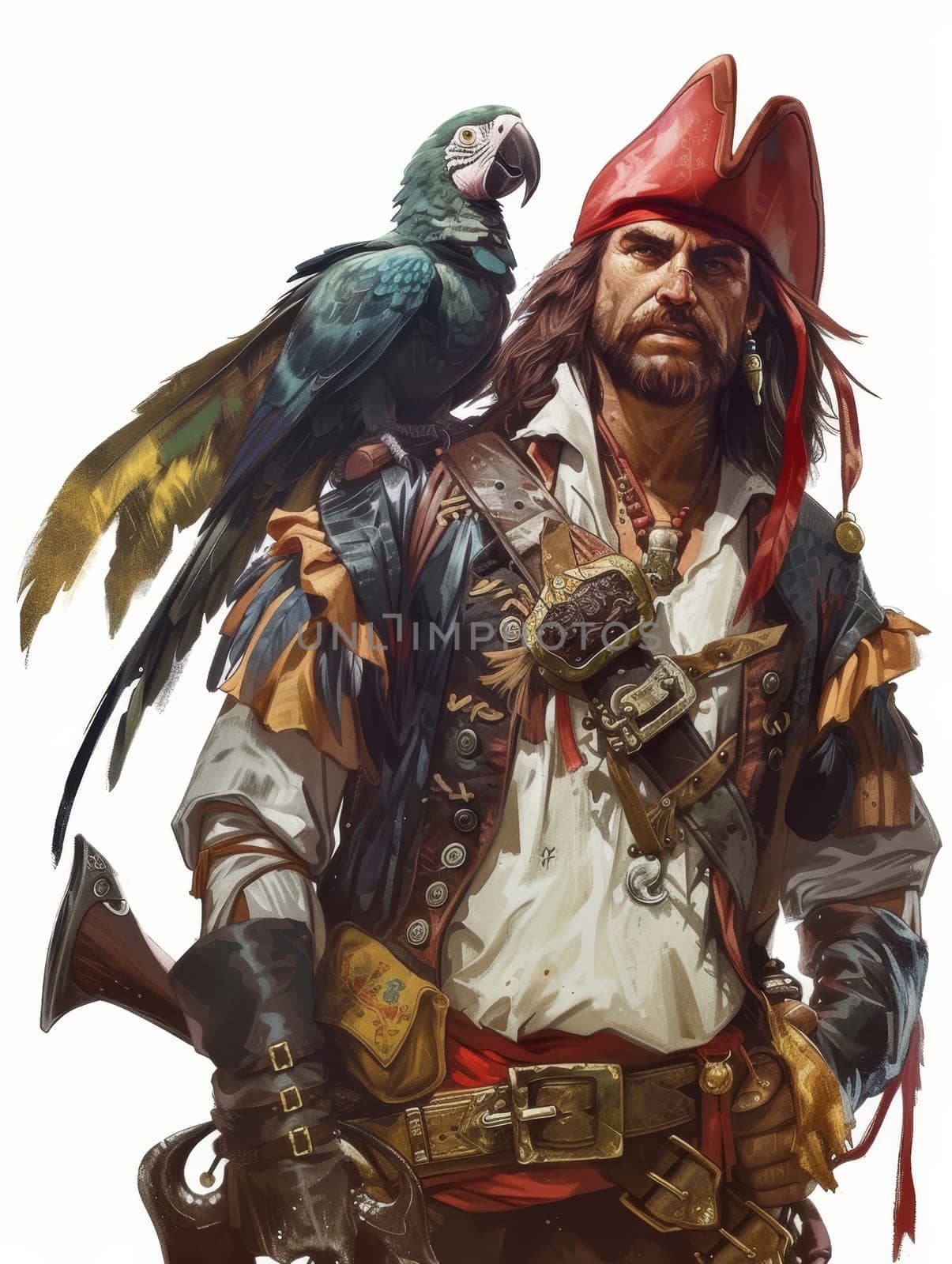 Illustration of a rugged pirate in traditional attire with a green parrot on his shoulder, set against a plain background.