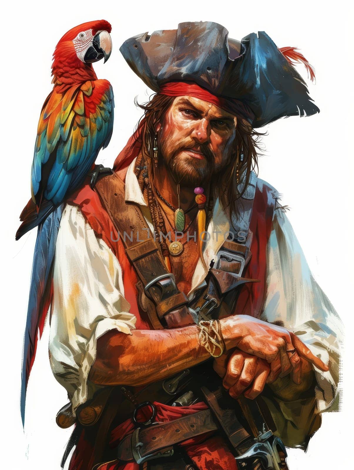 Illustration of a rugged pirate in traditional attire with a green parrot on his shoulder, set against a plain background.