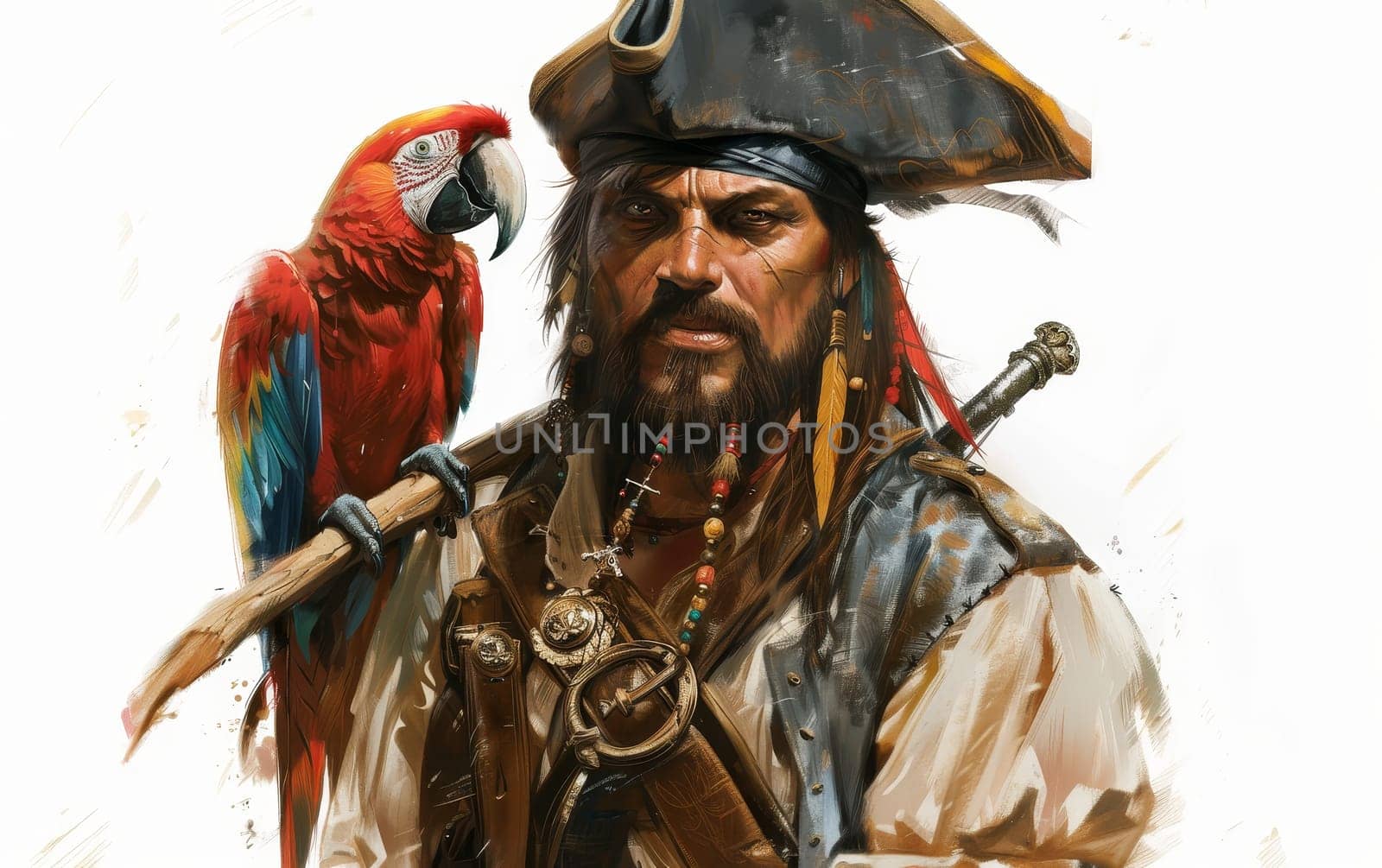 Illustration of a stern pirate captain with a weathered face and a colorful parrot perched on his shoulder, set against a white backdrop.