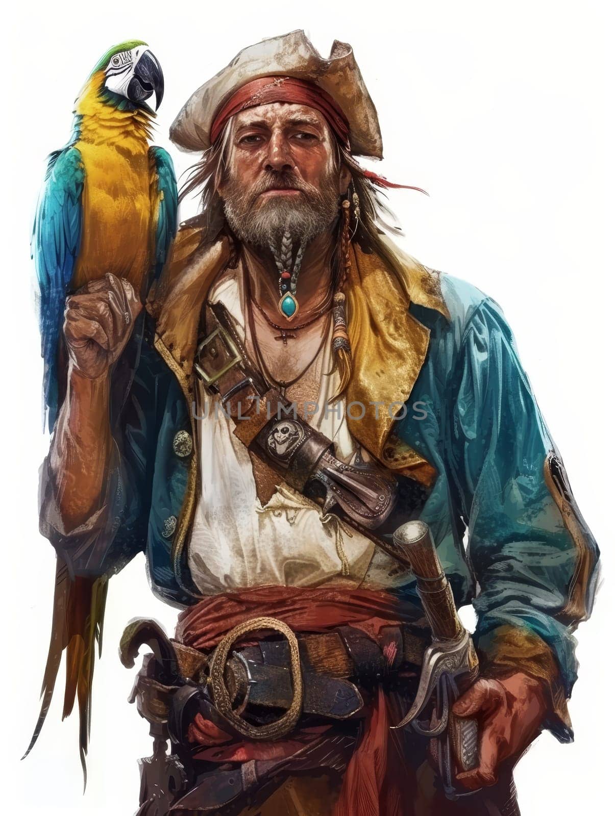 Realistic painting of a stoic pirate with intense gaze and a red macaw, capturing a sense of adventure and history.