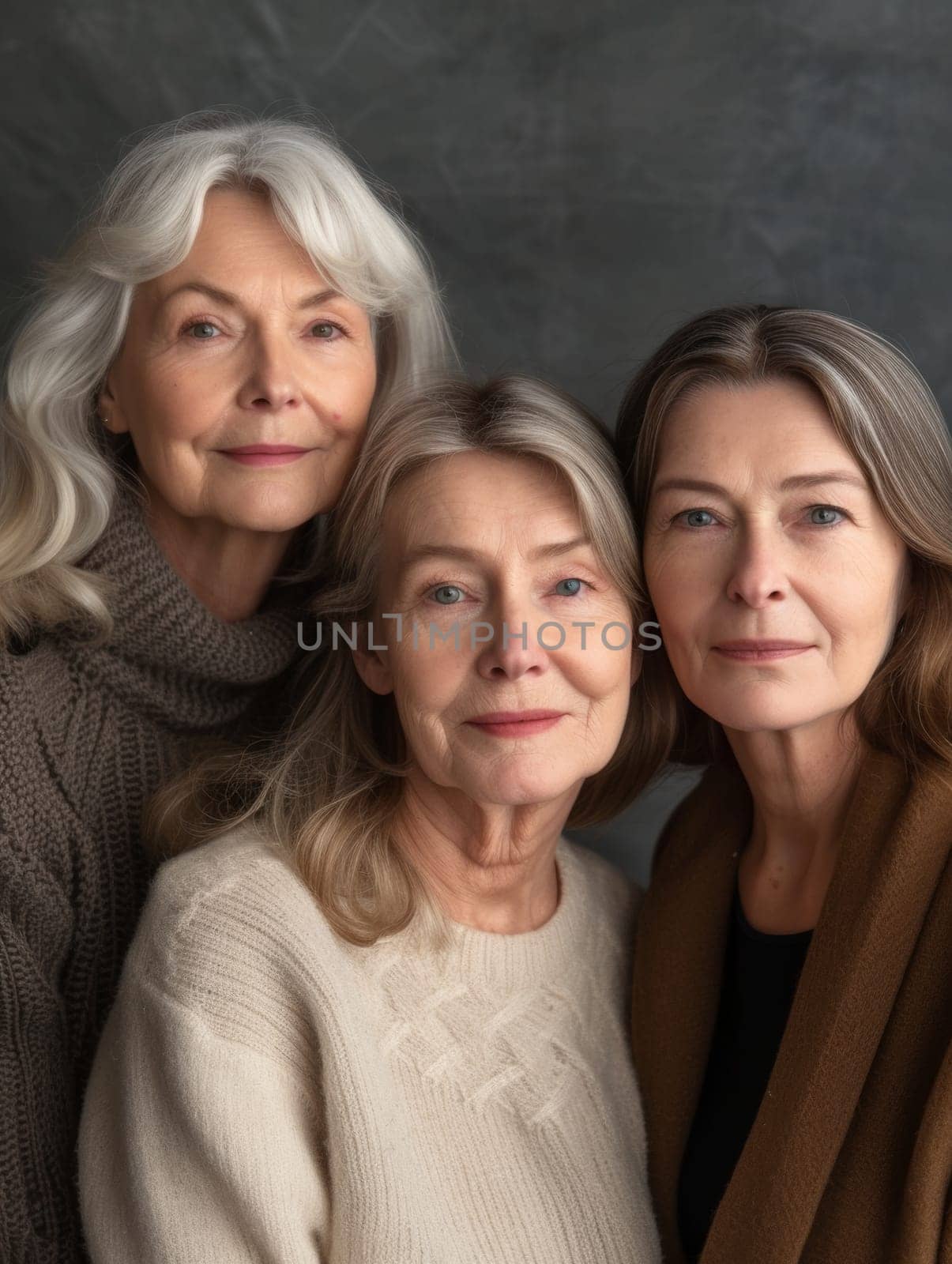 Three women from different generations, united in familial warmth, captured in a close-knit portrait with a soft backdrop.