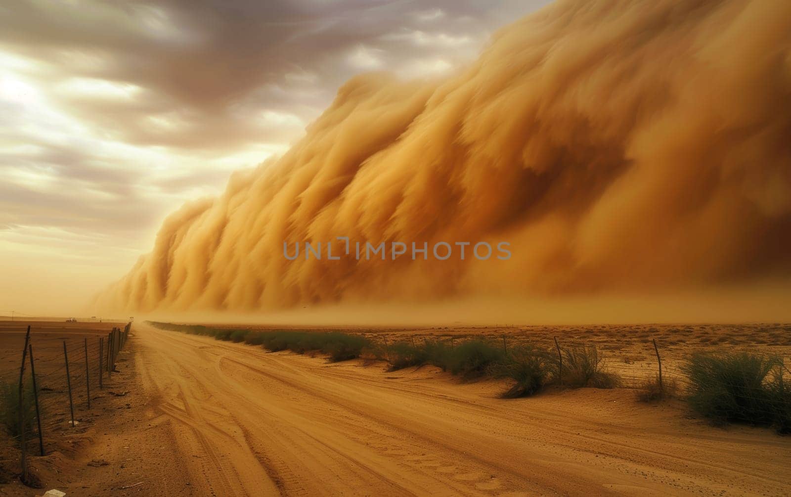 Monstrous sandstorm sweeps across a desert path, engulfing the environment in a thick cloud of sand with dramatic lighting