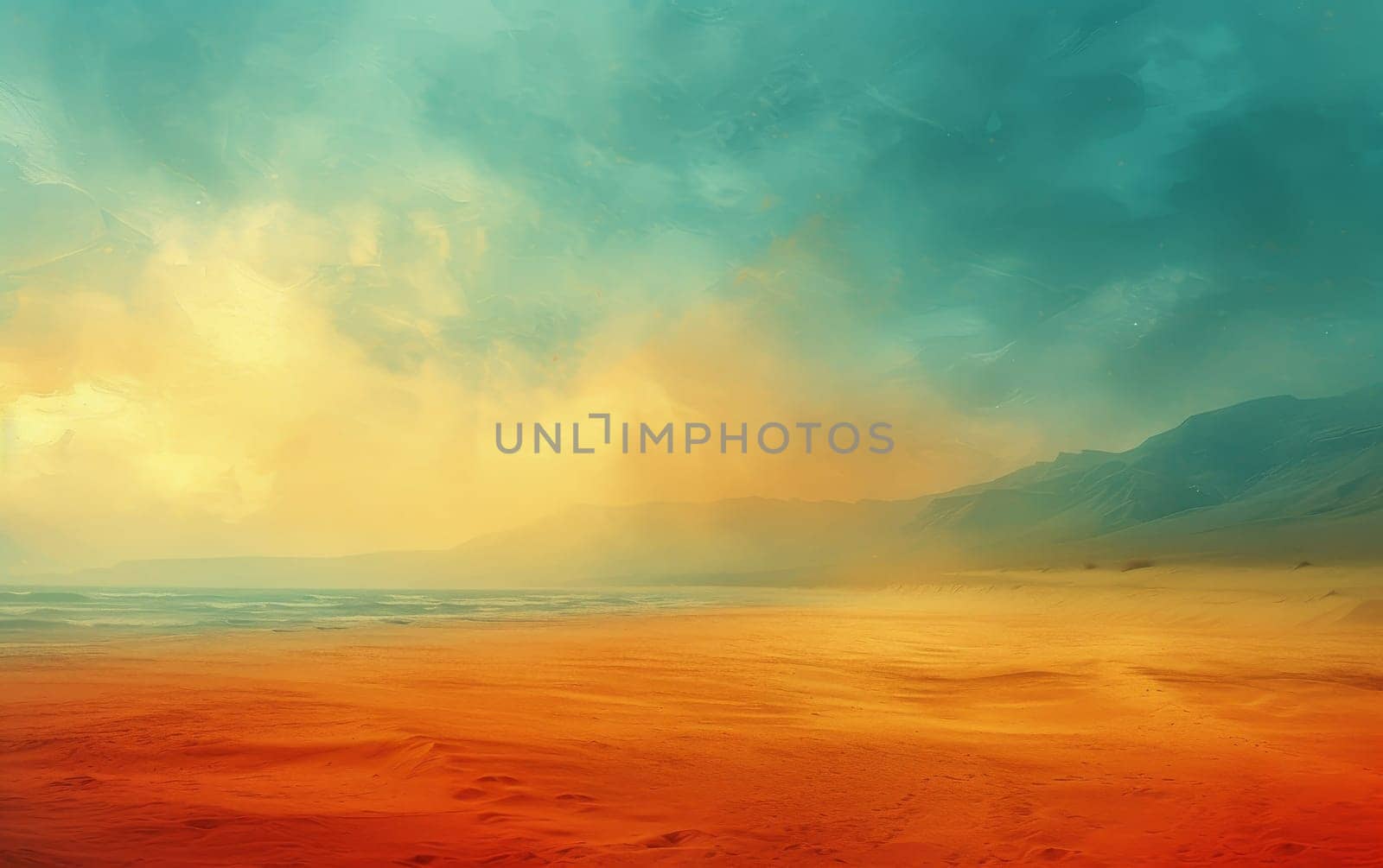 Surreal landscape of a desert under a mesmerizing sky with distant mountains, evoking a sense of otherworldly beauty