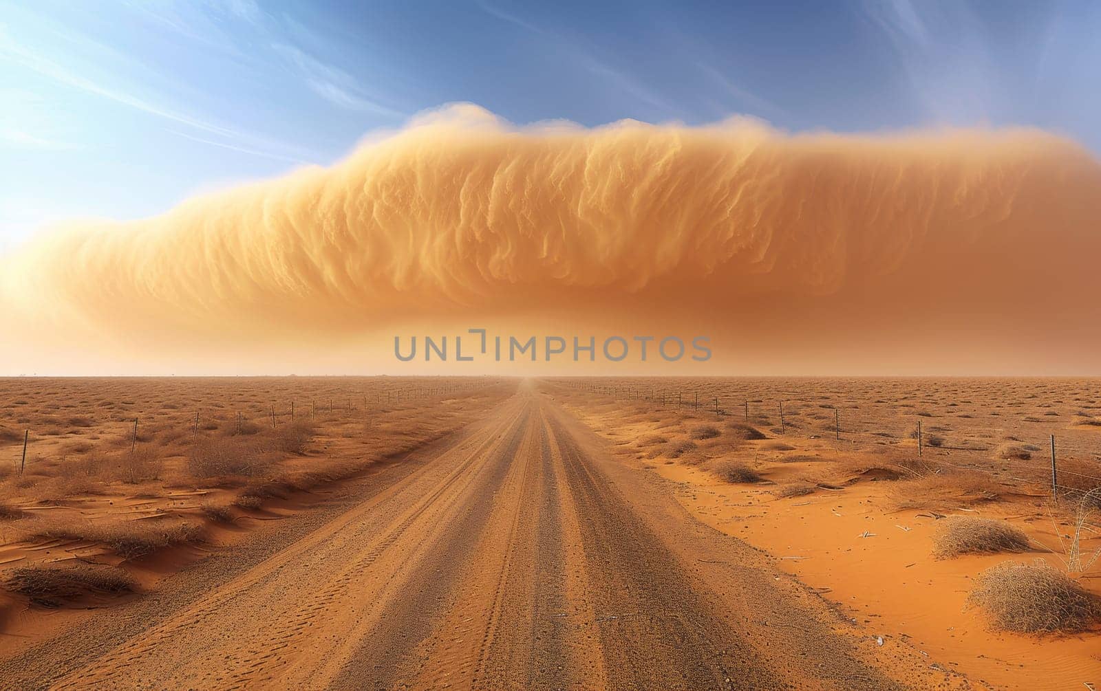 Towering wall of sand engulfs the horizon on a remote desert road, signaling an imminent sandstorm under a clear sky