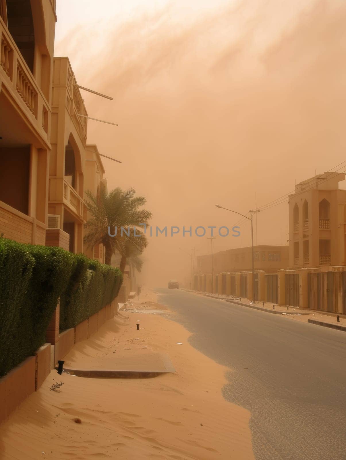 Thick dust storm envelops a street lined with residential buildings, palm trees barely visible in the hazy conditions