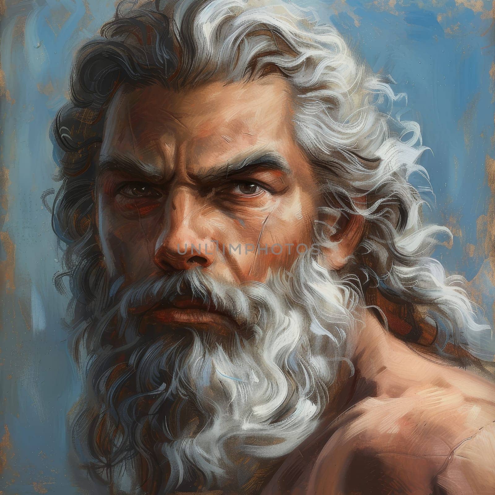 Artistic rendition of a mythical god with striking white hair and beard, conveying a sense of ancient power and wisdom