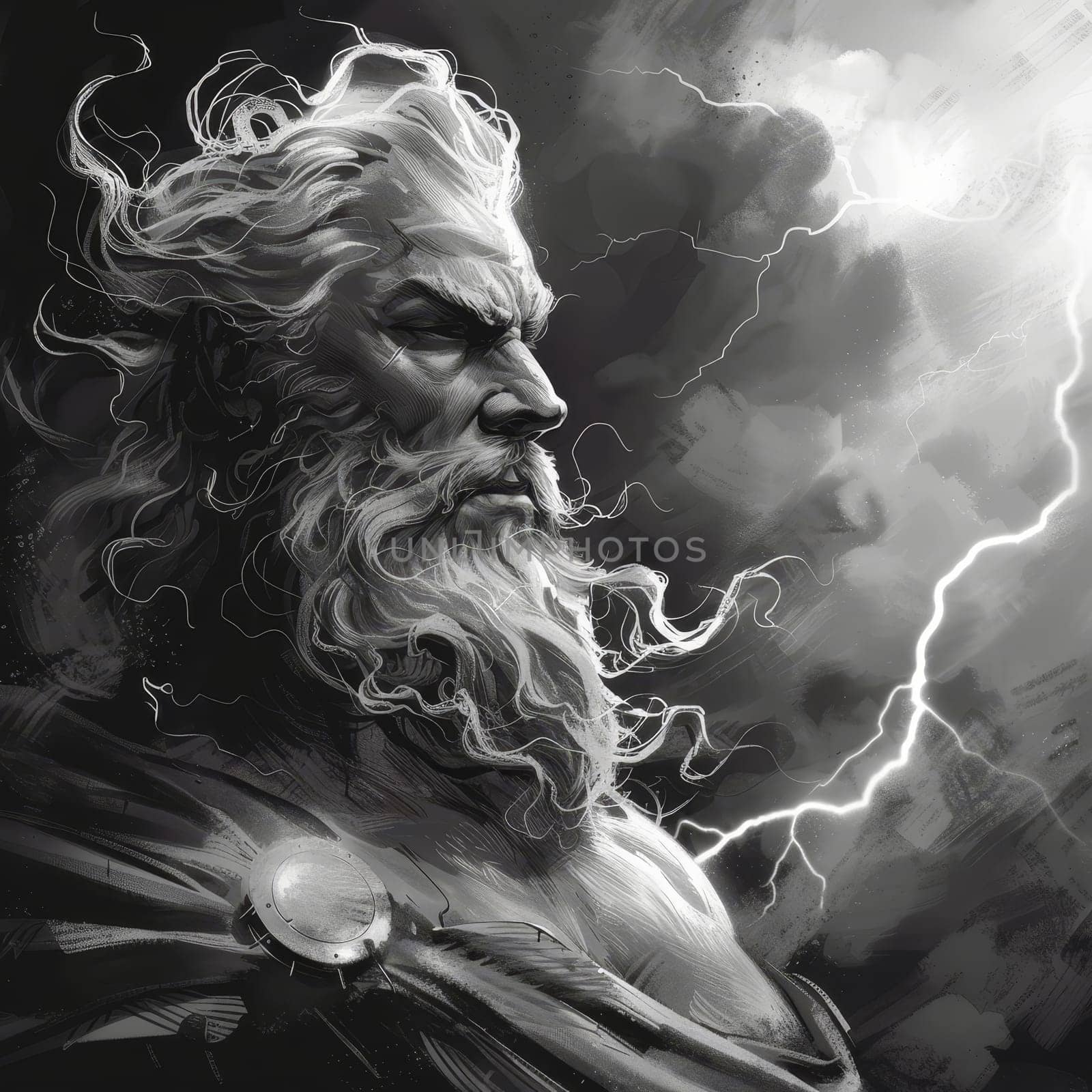 Dramatic black and white illustration of a mythological thunder god, his hair and beard flowing with the storm's fury