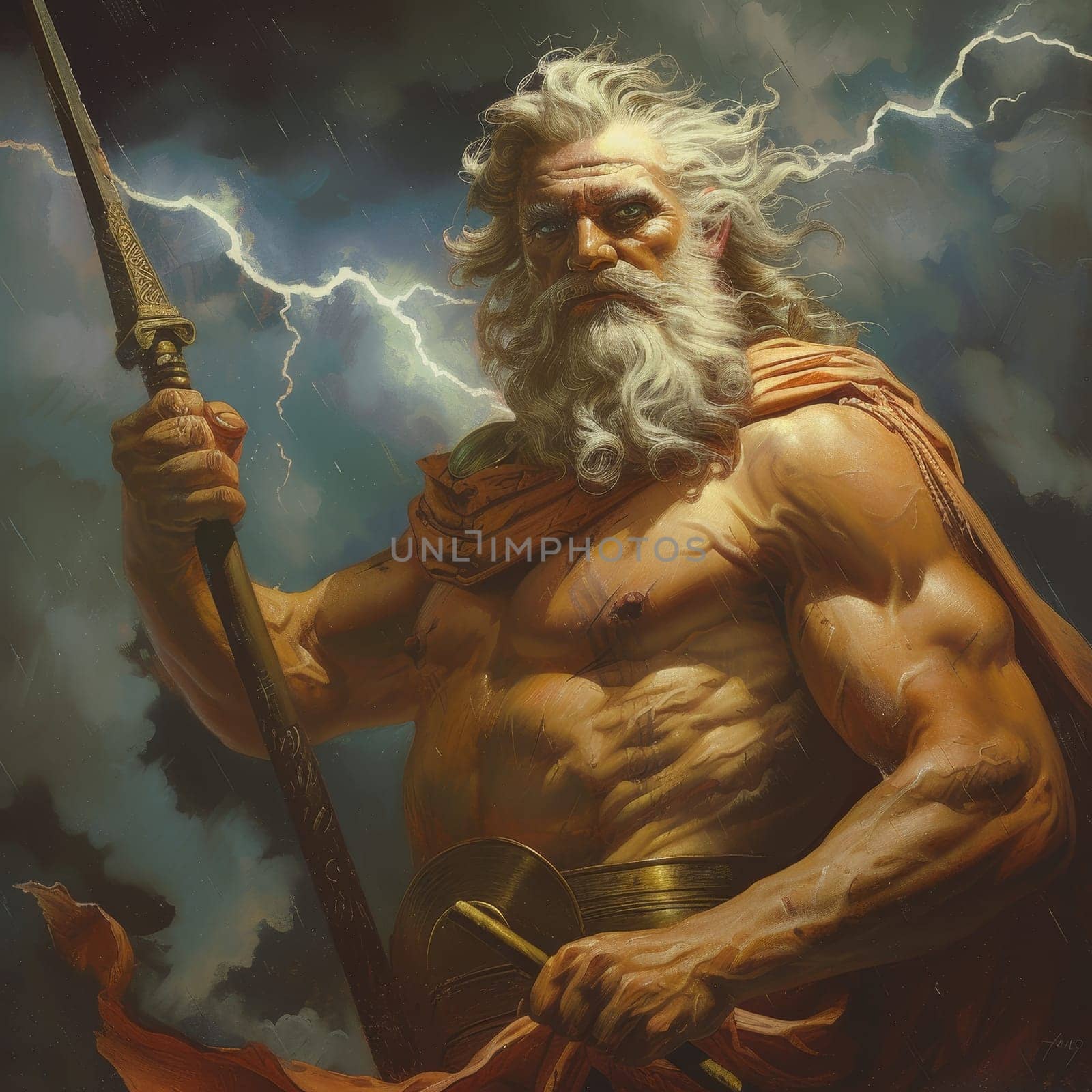 Majestic artwork of Zeus holding a lightning bolt, embodying the might and authority of the ancient deity of sky and thunder