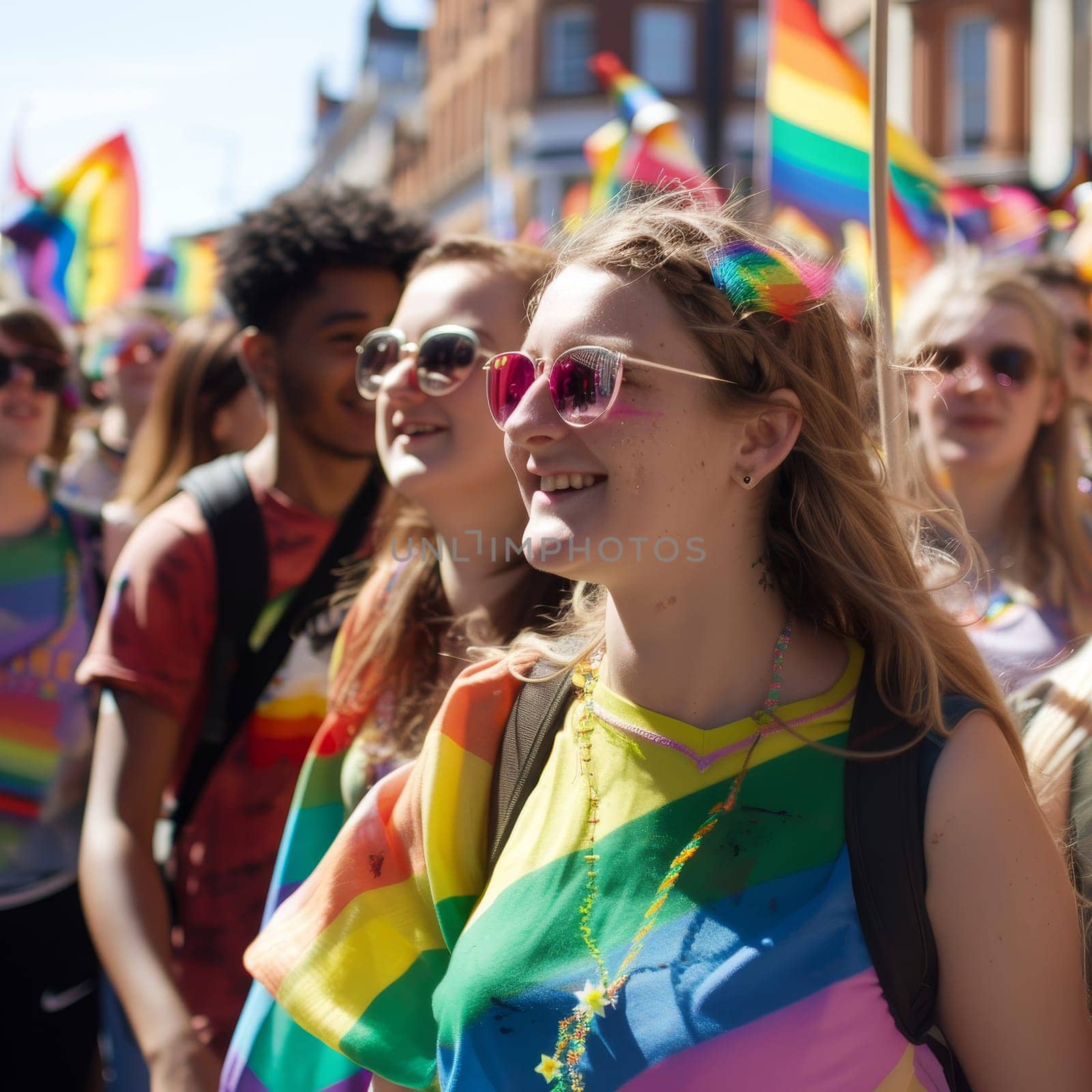 Joyous participants wearing rainbow attire, celebrating Pride with enthusiasm and colorful face paint in a sunny setting