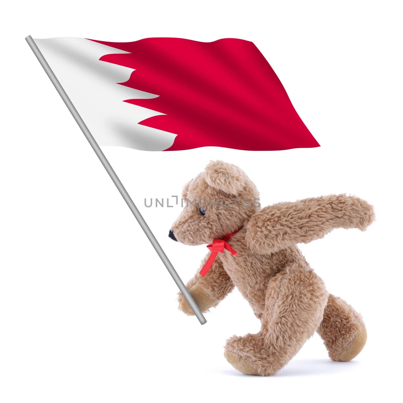 A Bahrain flag being carried by a cute teddy bear