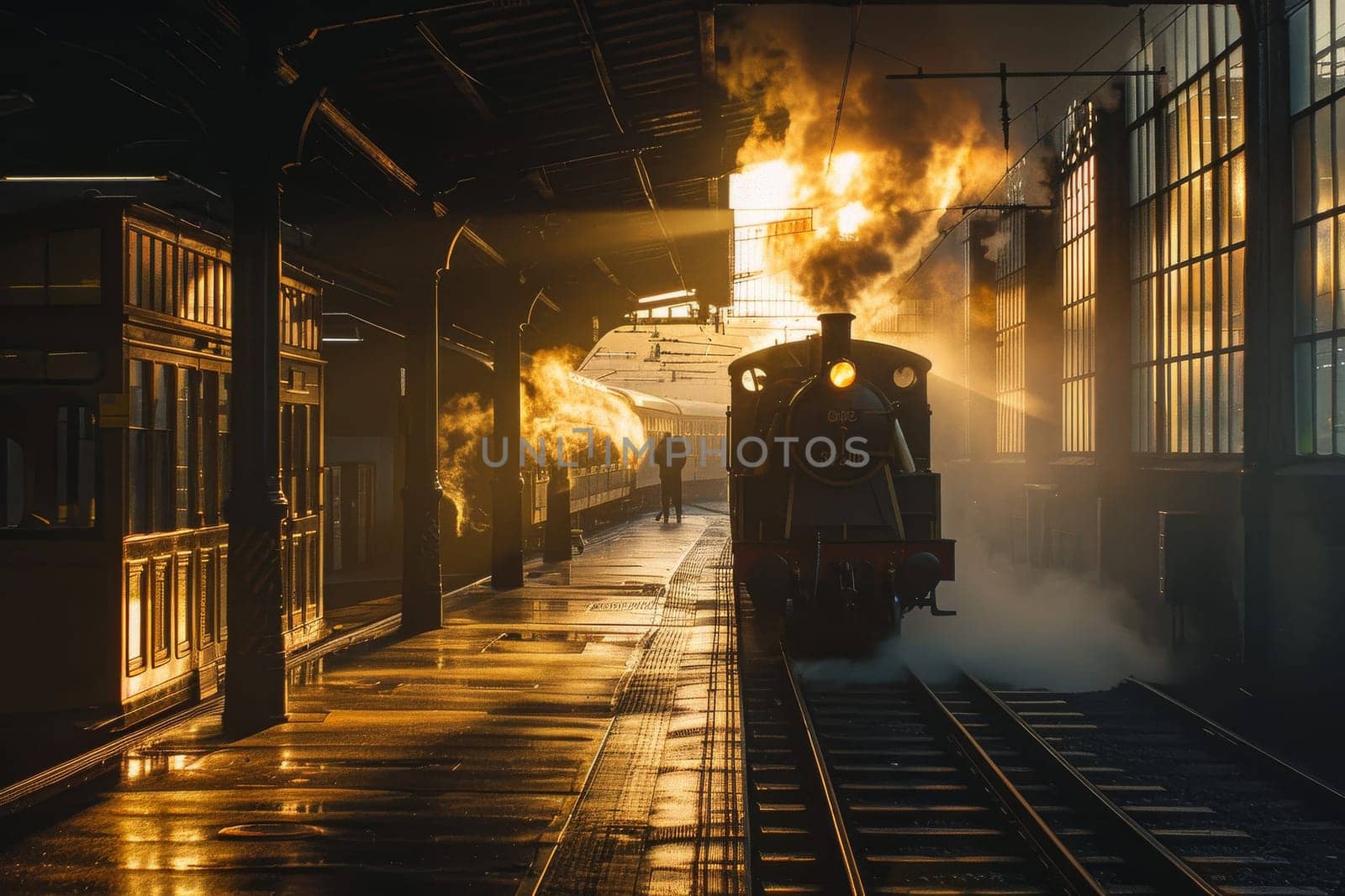 A train is sitting on the tracks at a train station. The train is surrounded by a lot of smoke and steam. The train is the only thing visible in the image