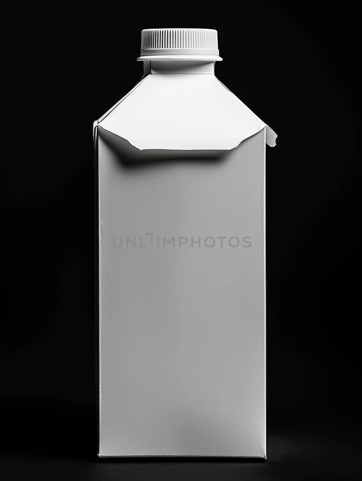 Standard white milk carton with a twist cap and a peaked top, set against a dark backdrop for a striking contrast. by sfinks