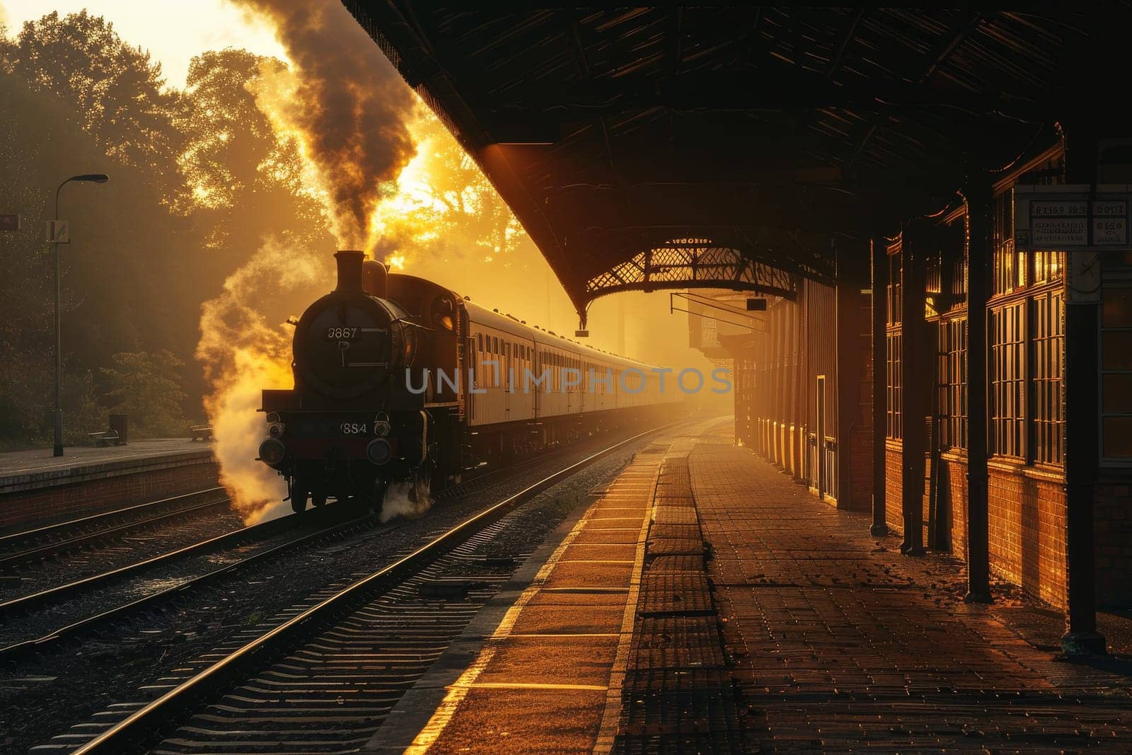 A train is sitting on the tracks at a train station. The train is surrounded by a lot of smoke and steam. The train is the only thing visible in the image