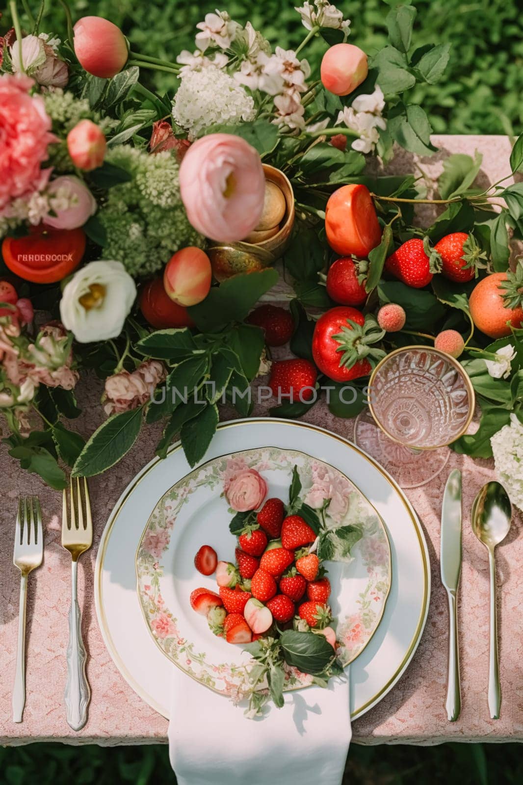 Country tablescape, formal dinner table setting, table scape with strawberry decoration for wedding party and holiday event celebration, generative ai by Anneleven