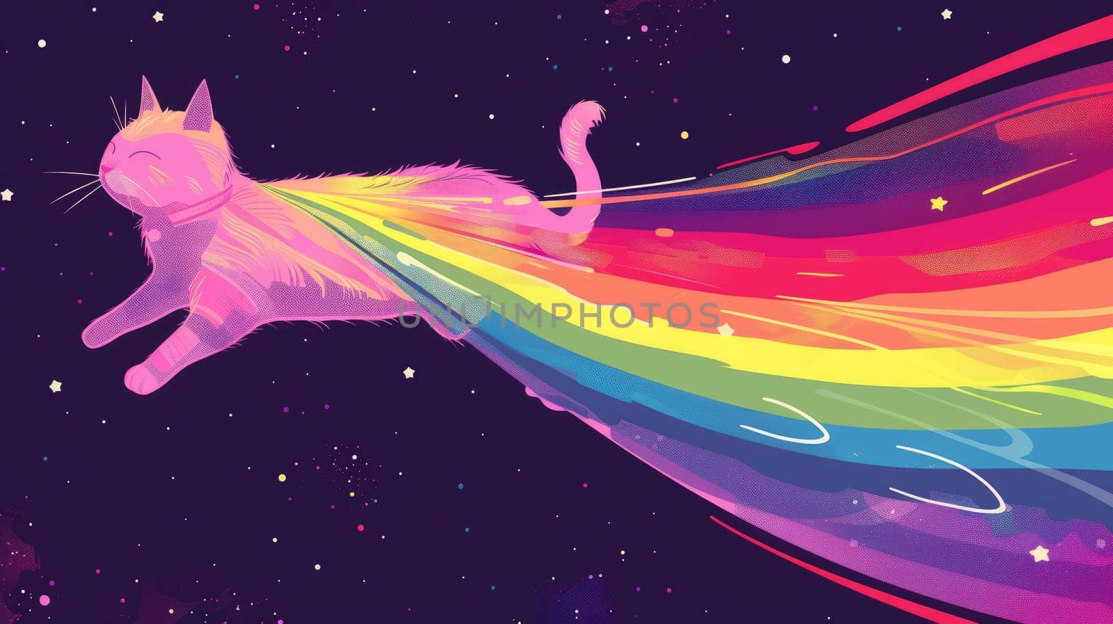 A cat with rainbow, Abstract wallpaper of a cat in space with rainbow, Colorful art of animal.
