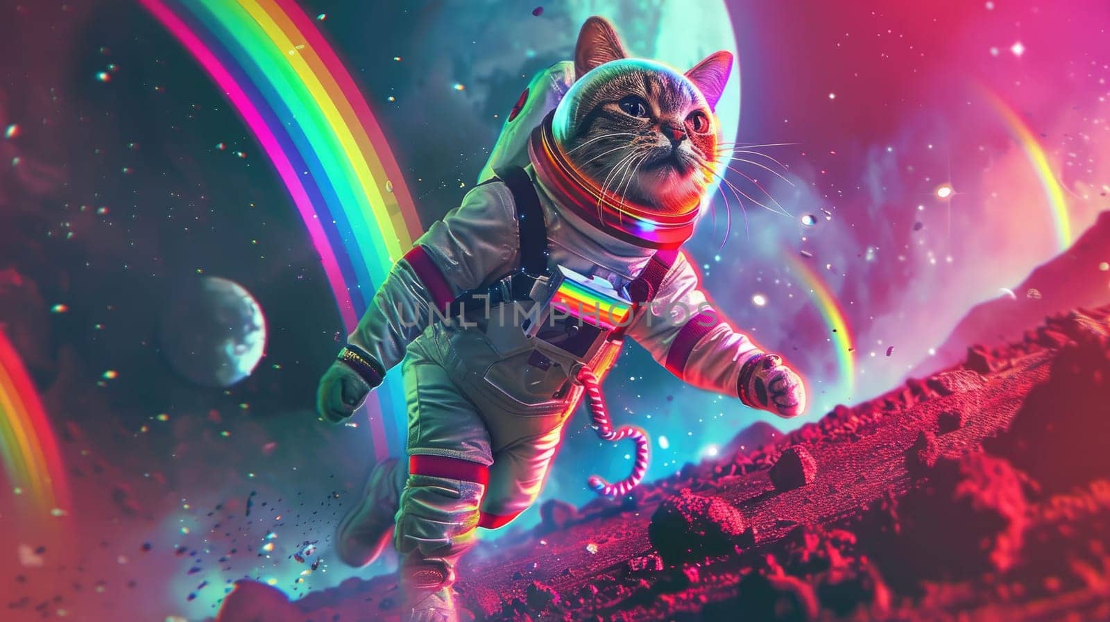 A cat in space suit with rainbow, Abstract wallpaper of a cat in space with rainbow, Colorful art of animal.