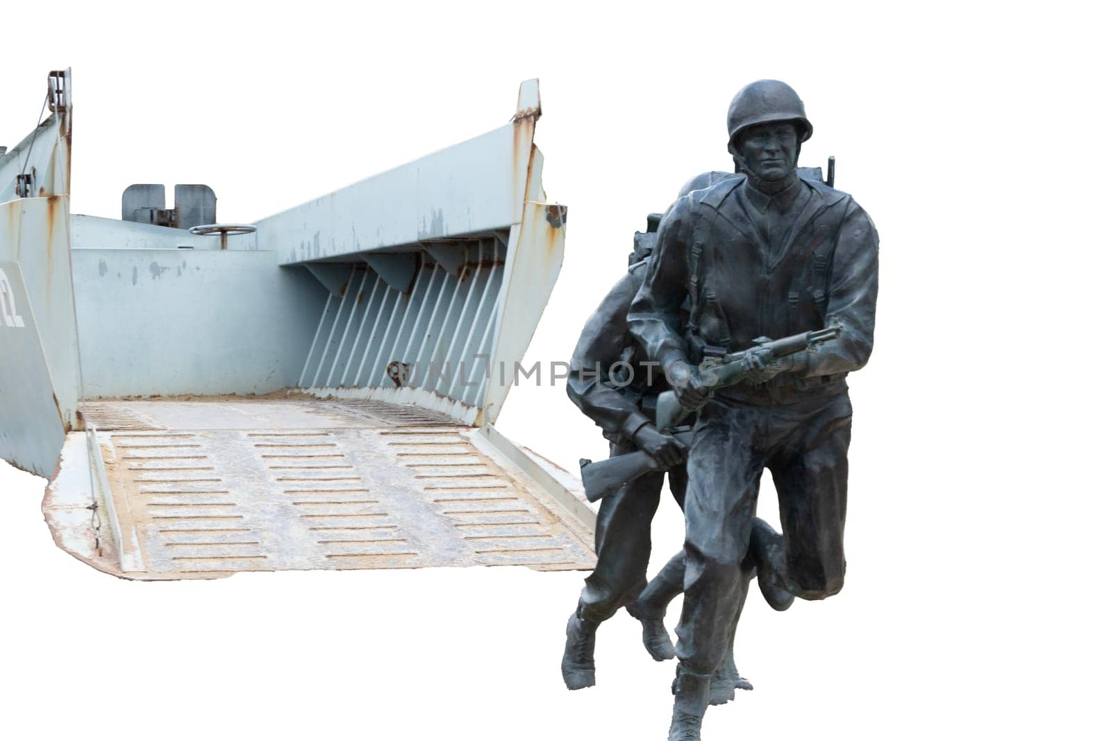 Normandy France D-Day memorial landing craft soldiers sculptures for WWII. Utah Beach Isolated on white. High quality photo