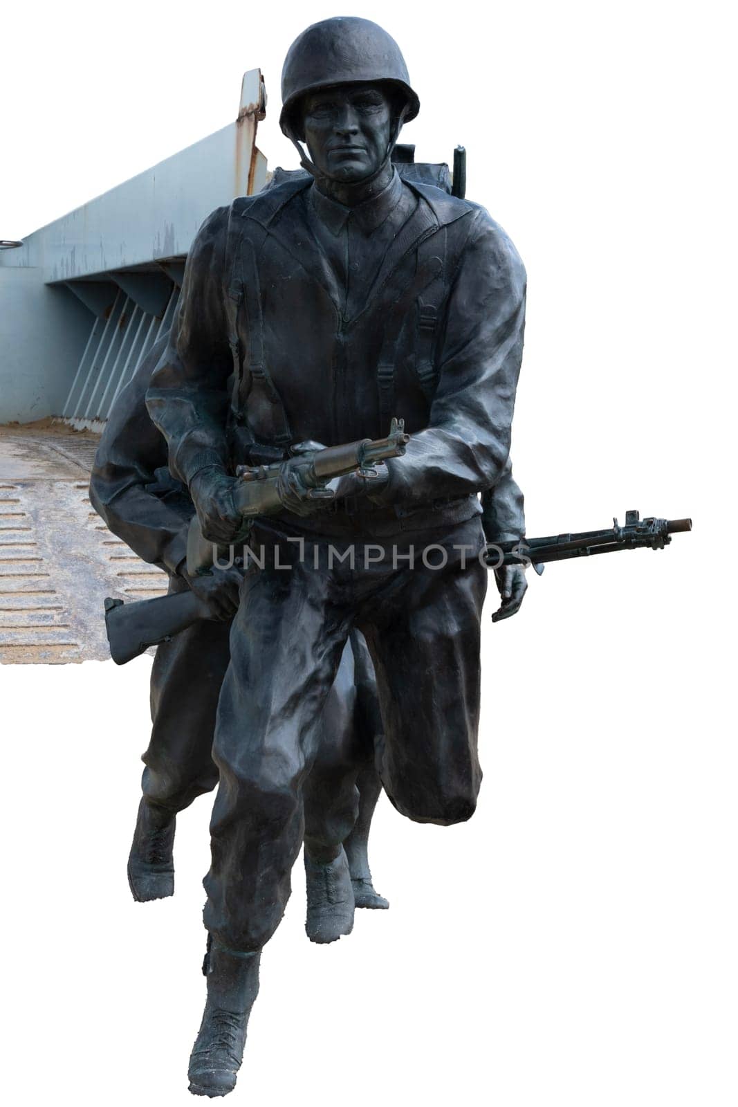 Normandy France D-Day memorial landing craft soldiers sculptures for WWII. Utah Beach verticle aspect Isolated on white with clipping path. High quality photo