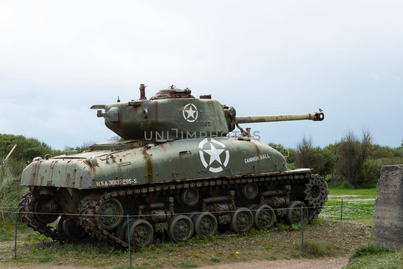 Normandy Sherman tank France D-Day memorial for WWII. Utah Beach. High quality photo