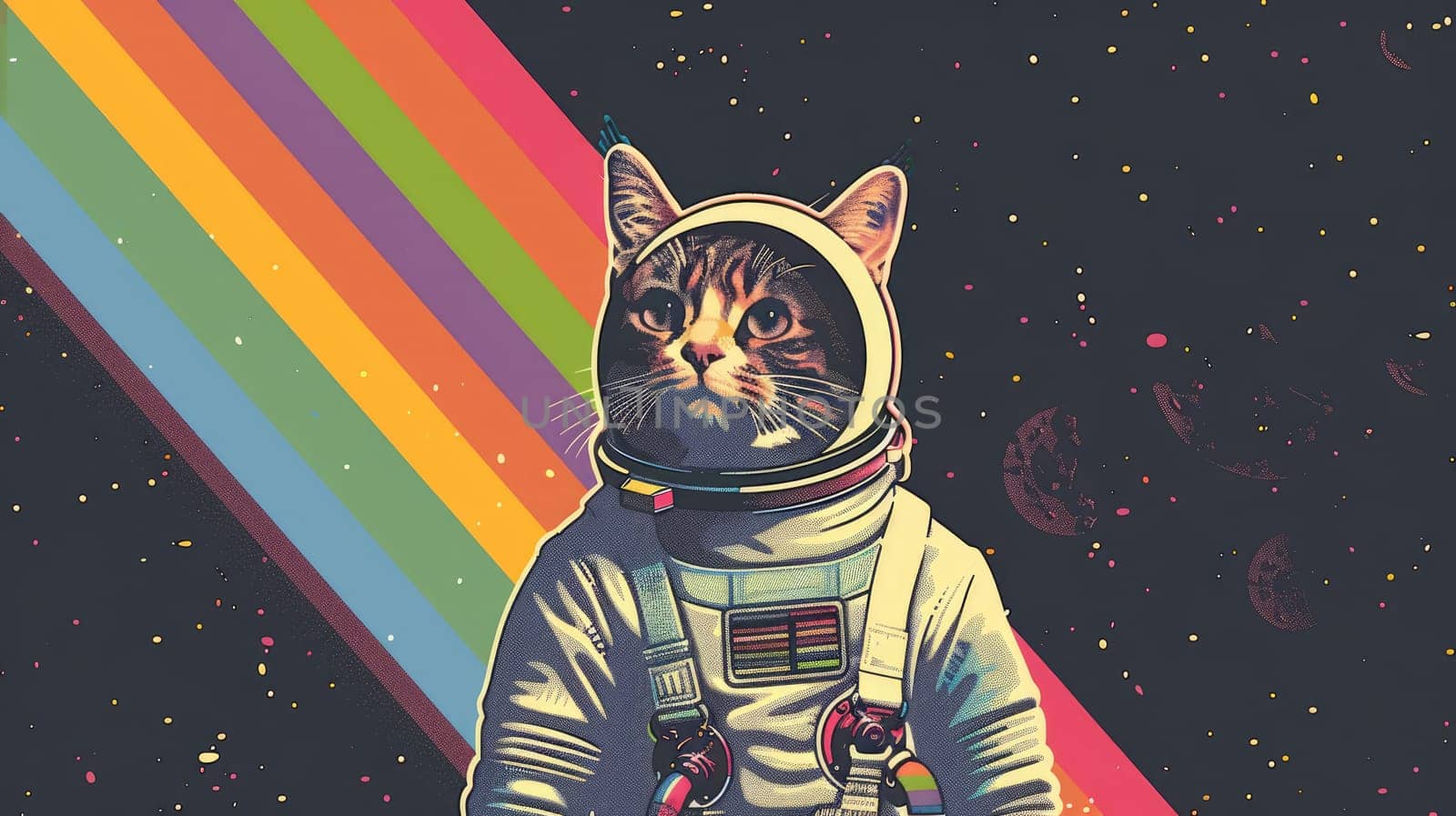 A cat in space suit with rainbow, Abstract wallpaper of a cat in space with rainbow, Colorful art of animal.