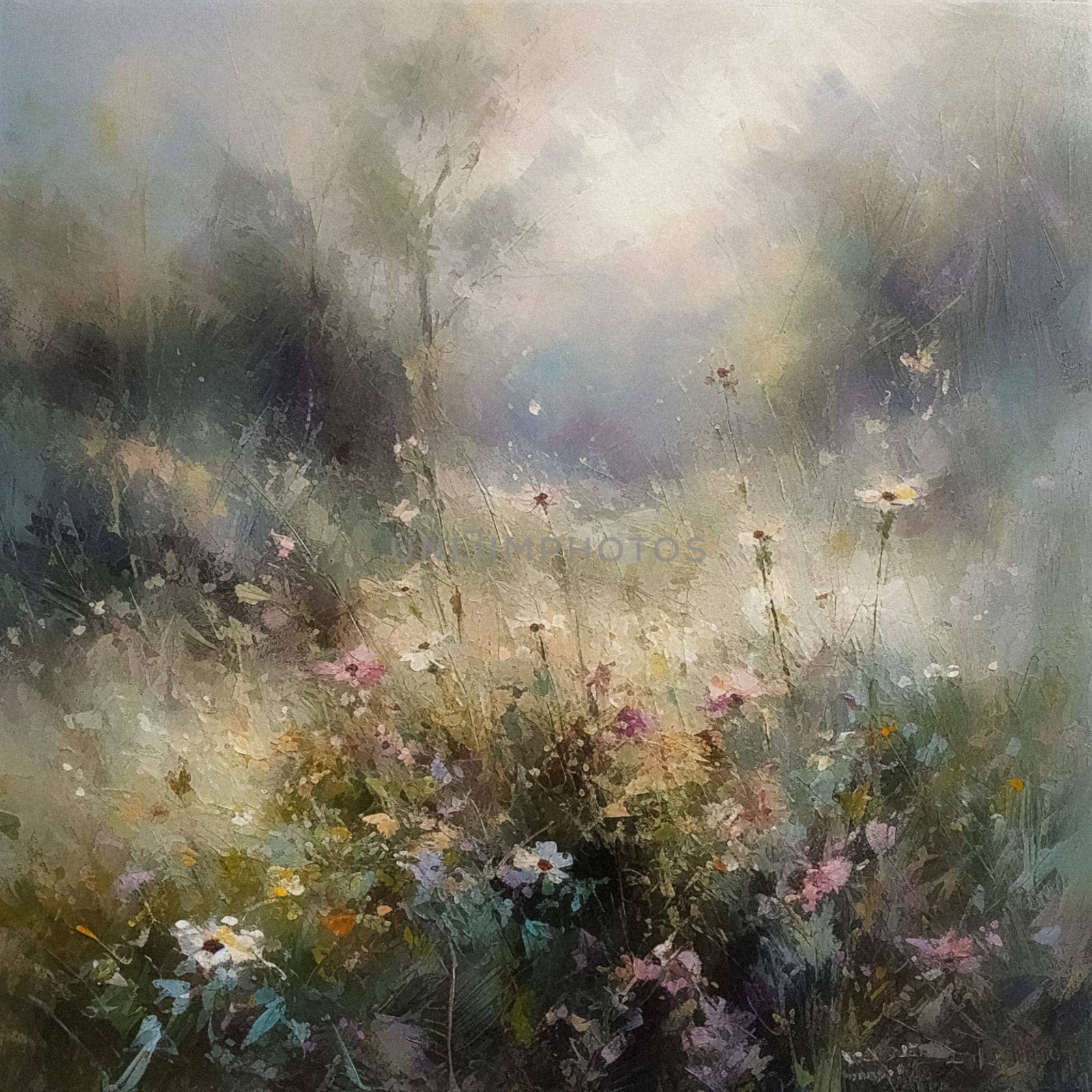 Oil style fine art painting of the English countryside, depicting romantic floral meadow, flowers field in soft pastel colours, evoking a sense of tranquility and natural beauty, printable art by Anneleven