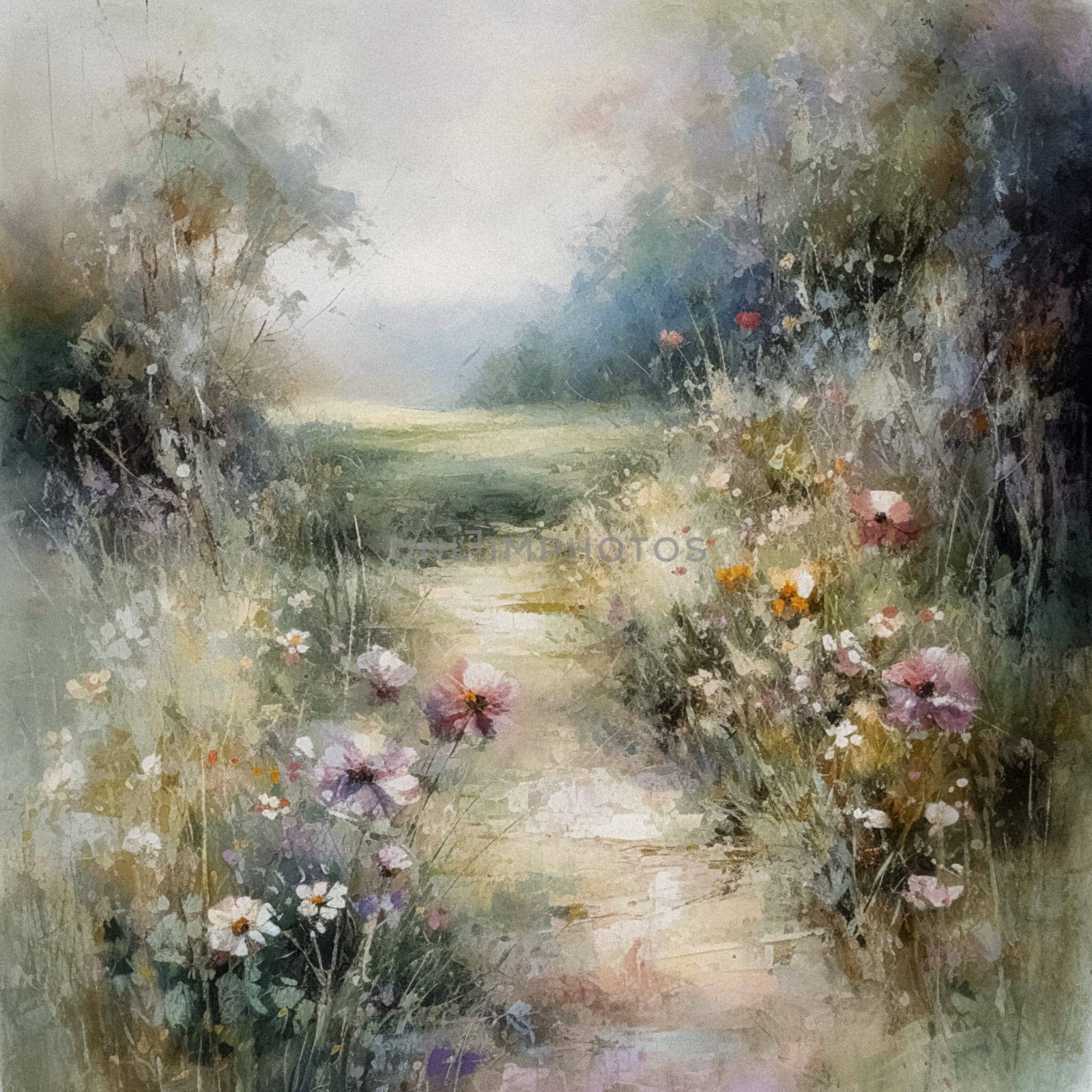 Oil style fine art painting of the English countryside, depicting romantic floral meadow, flowers field in soft pastel colours, evoking a sense of tranquility and natural beauty, printable art design