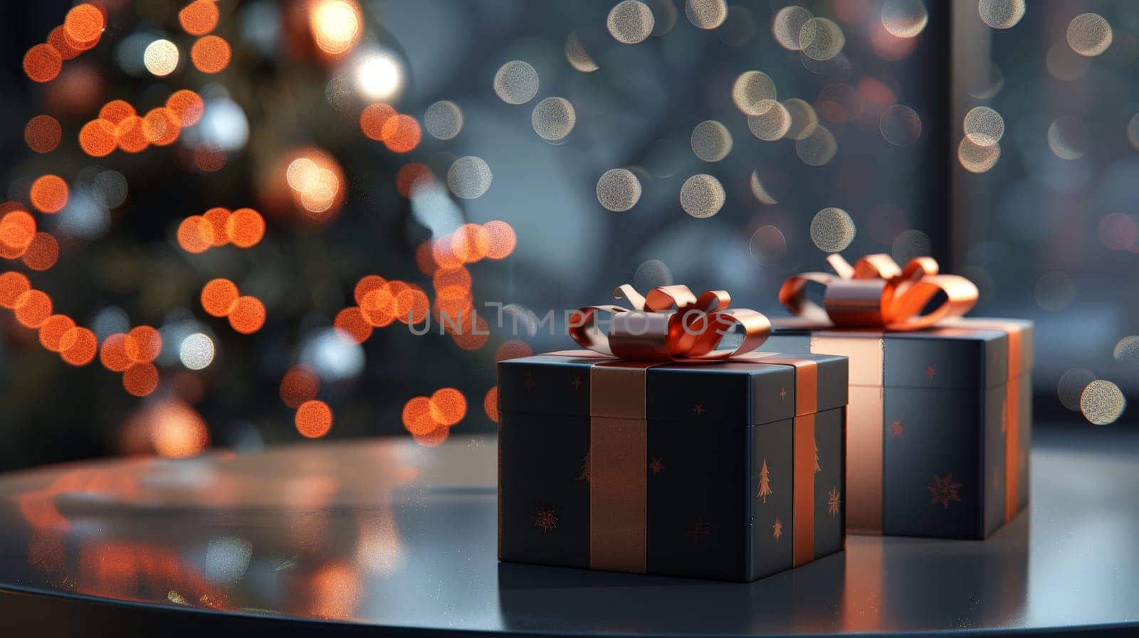 Two gold gift boxes on a table, Perfect for holiday and celebration concepts.