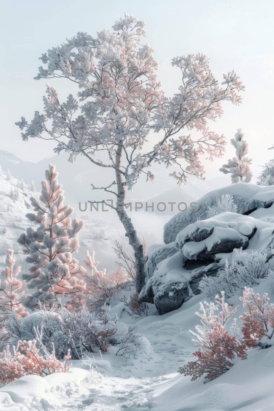 A frosty outdoor scene. Snowy winter background. Winter plants in the snow on a cold background.