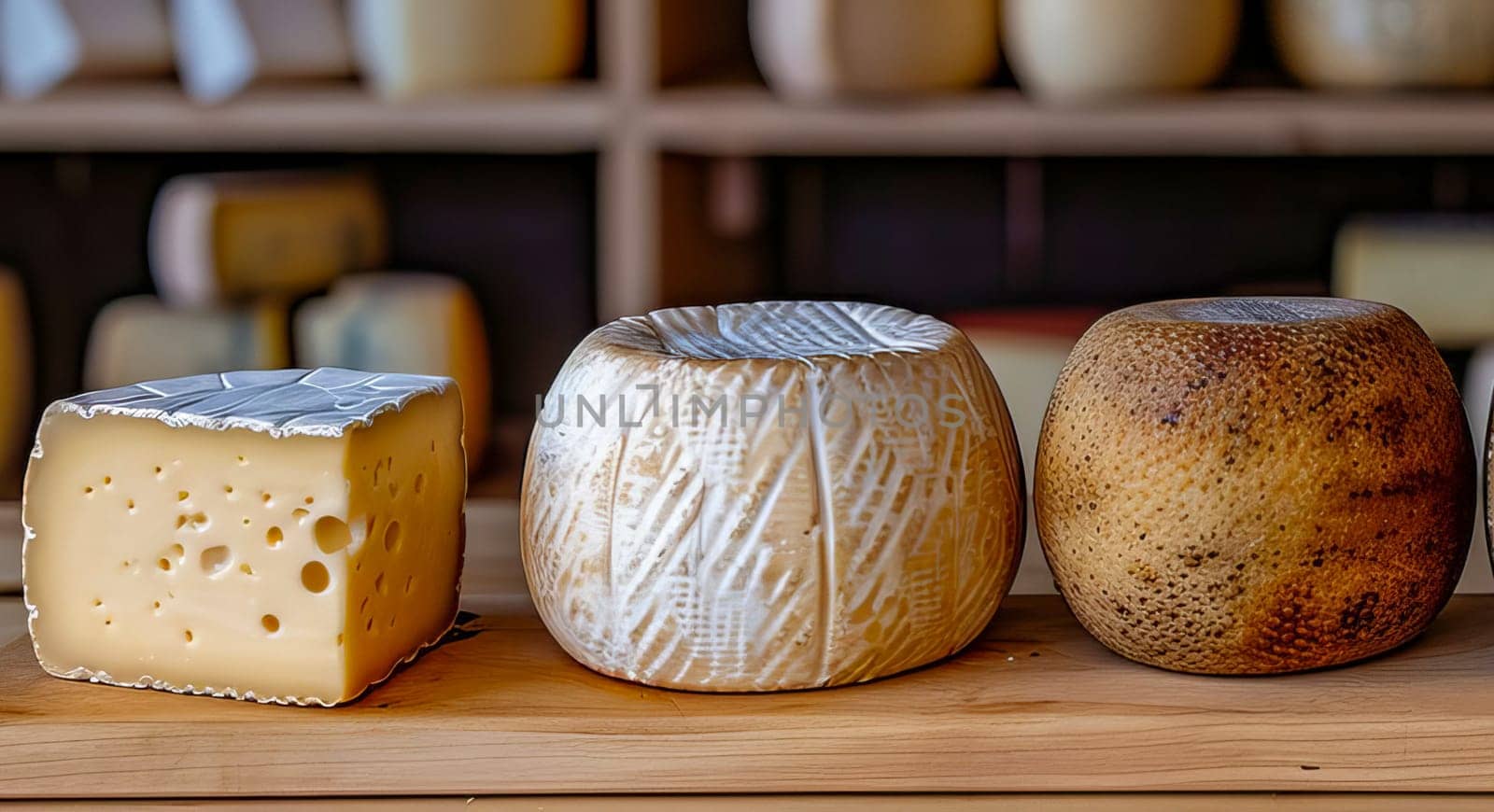 Assortment of various artisan cheeses on a wooden board. Shelves with ready-made cheeses in the background. Small business, home cheese factory.