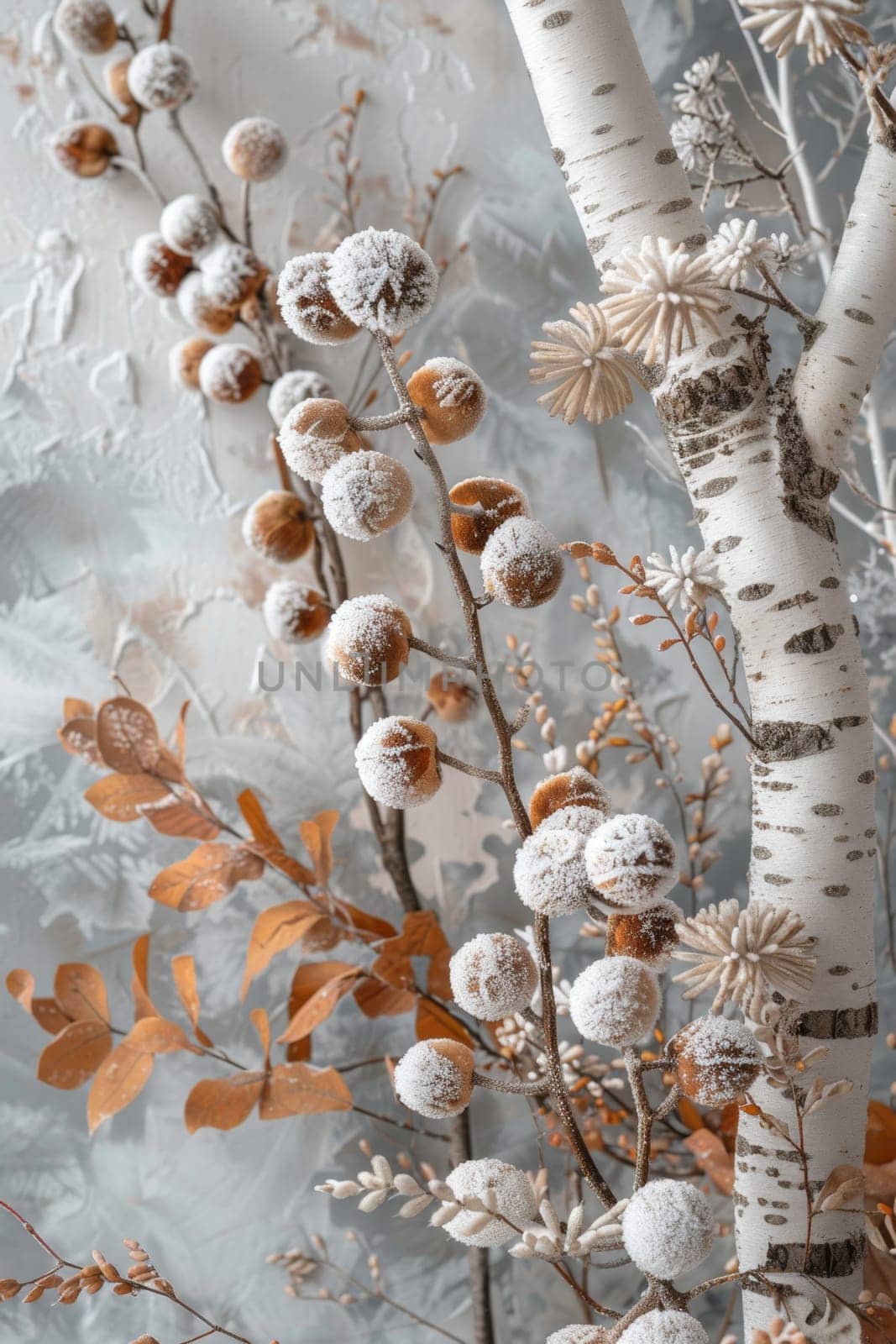 A frosty outdoor scene. Snowy winter background. Winter plants in the snow on a cold background by Lobachad